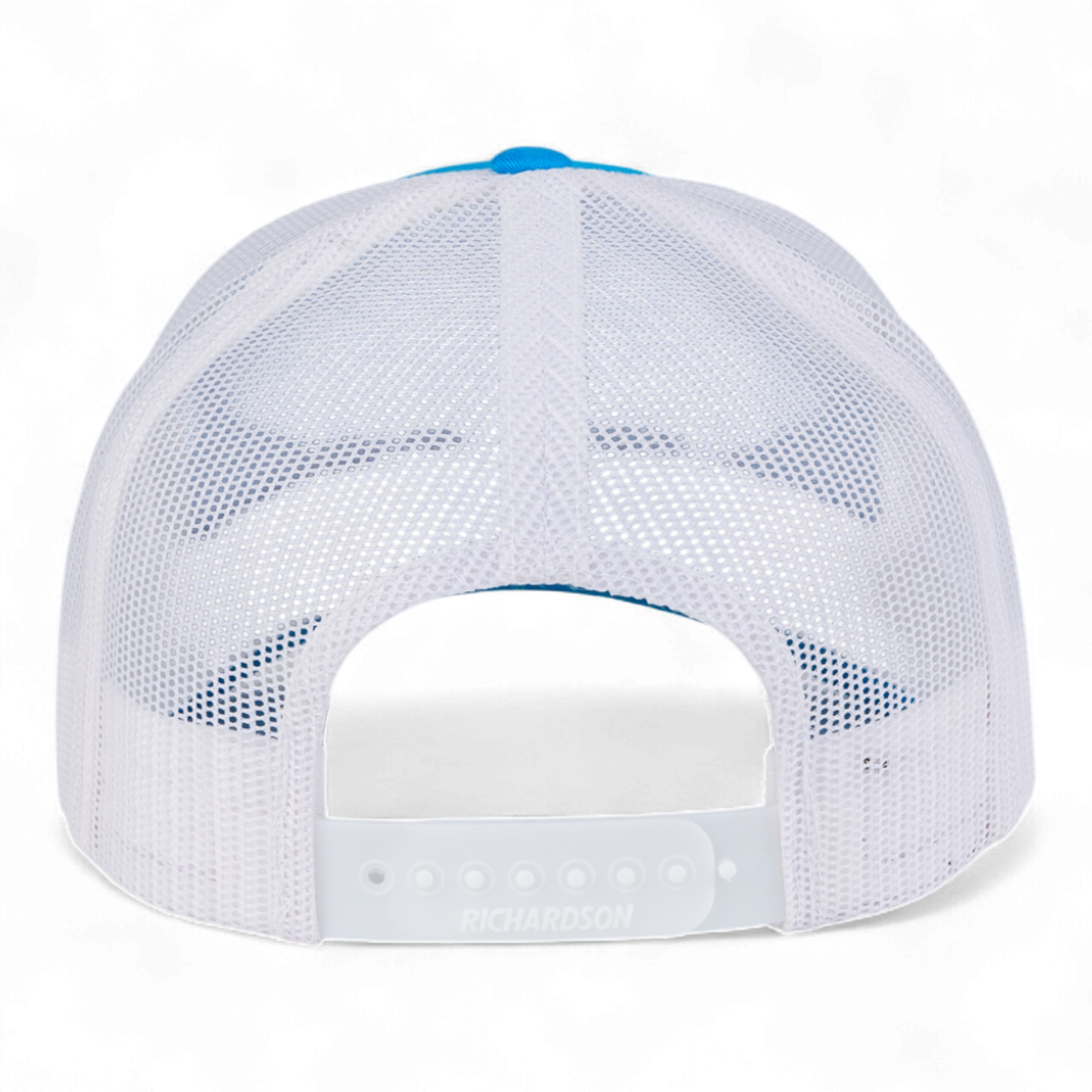 White mesh cap with blue rim on a white background