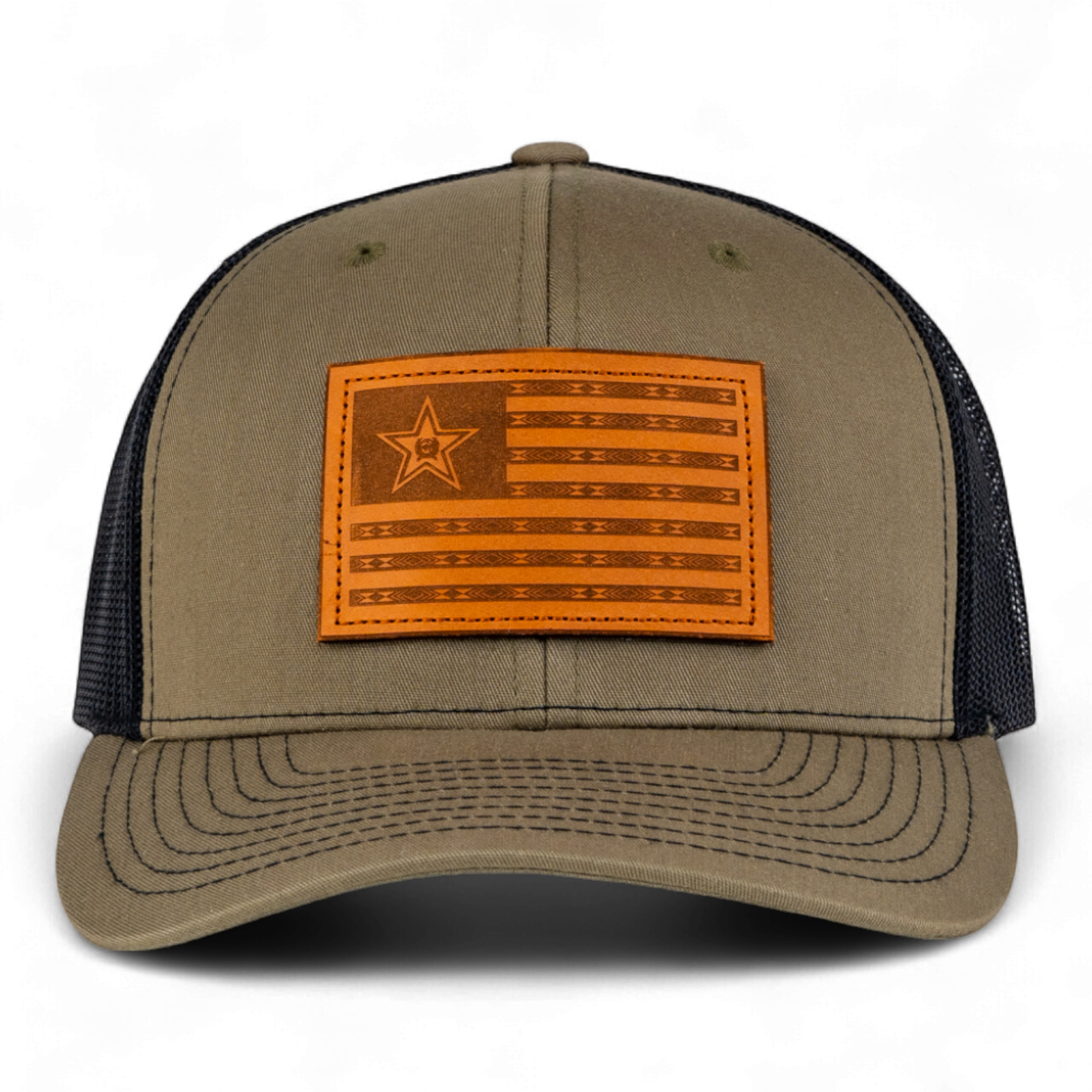 Kaki cap with orange American flag patch on a white background