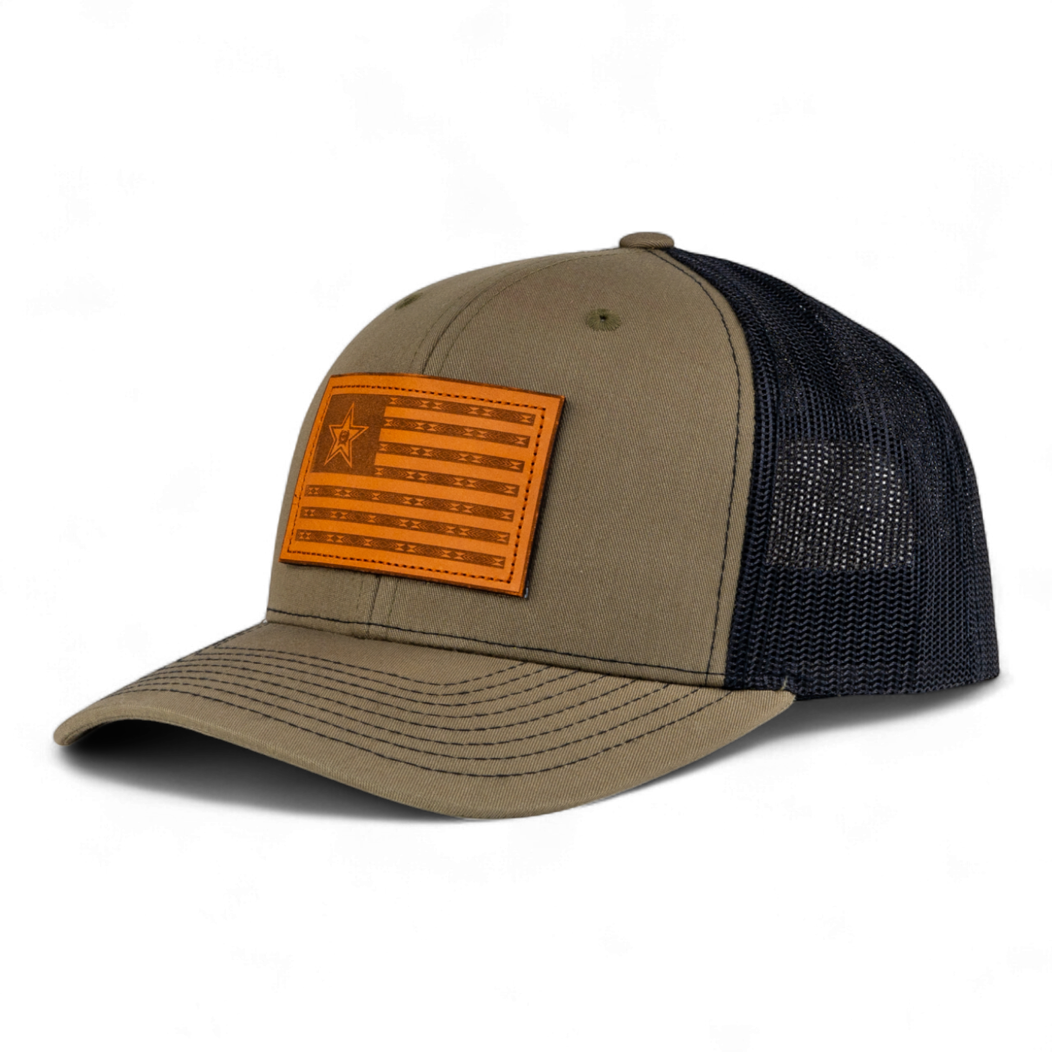 Kaki and black cap with an orange flag patch on a white background
