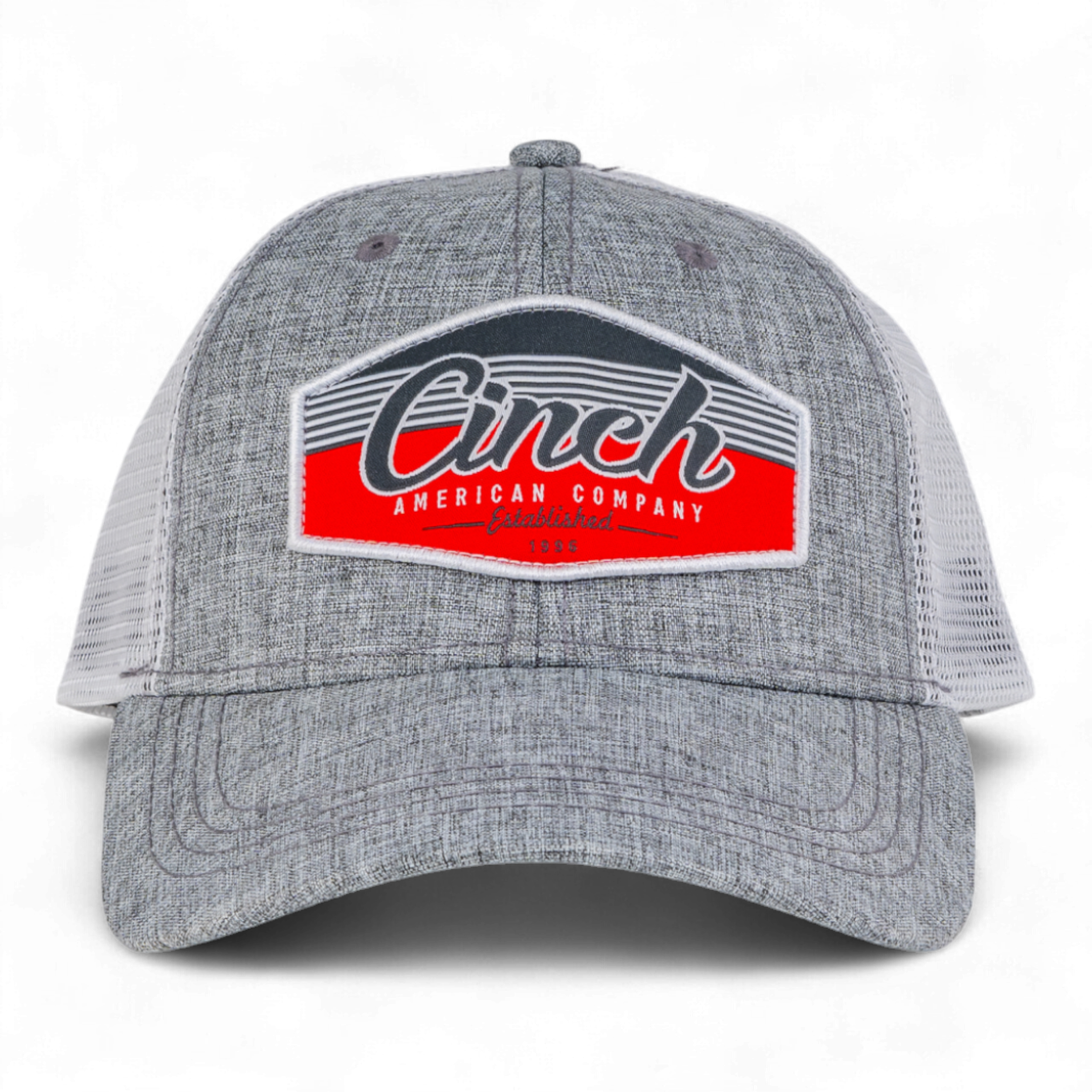 Gray cap with a red and black logo on a white background