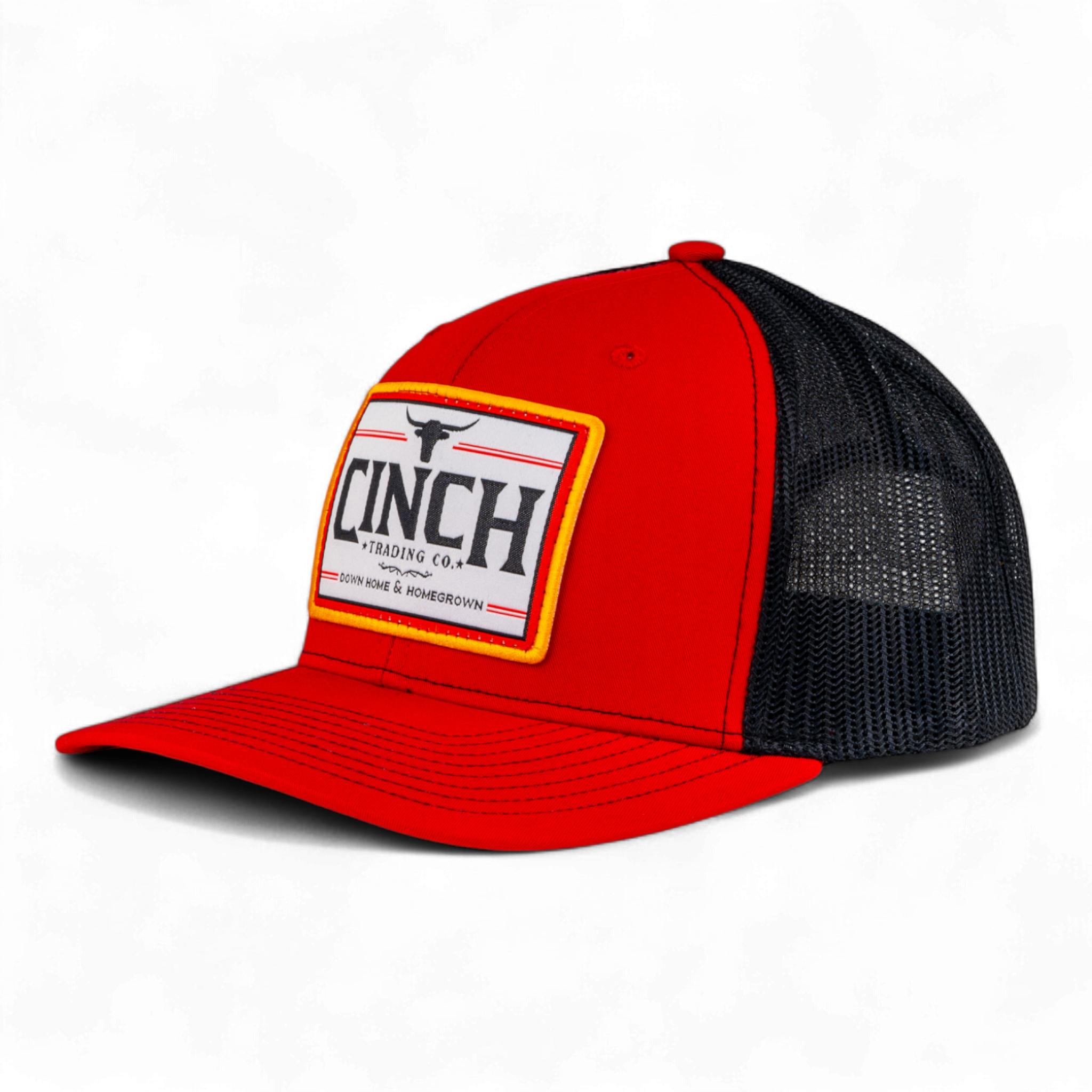 Red and black trucker hat with Cinch logo on a white background