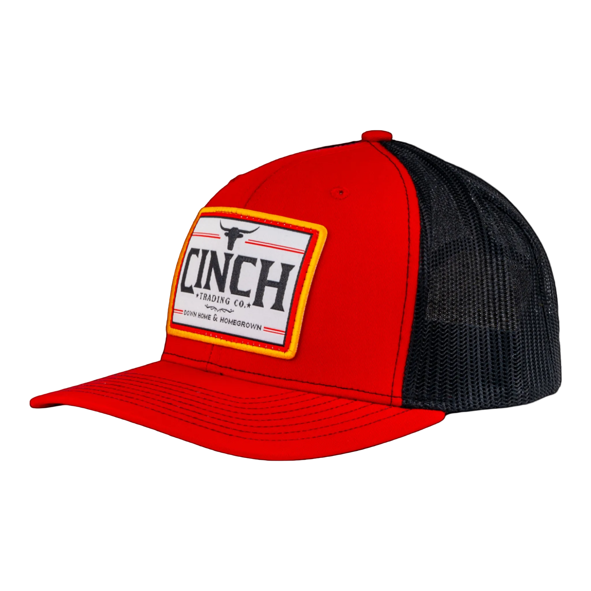 Red and black trucker hat with Cinch logo on a transparent background