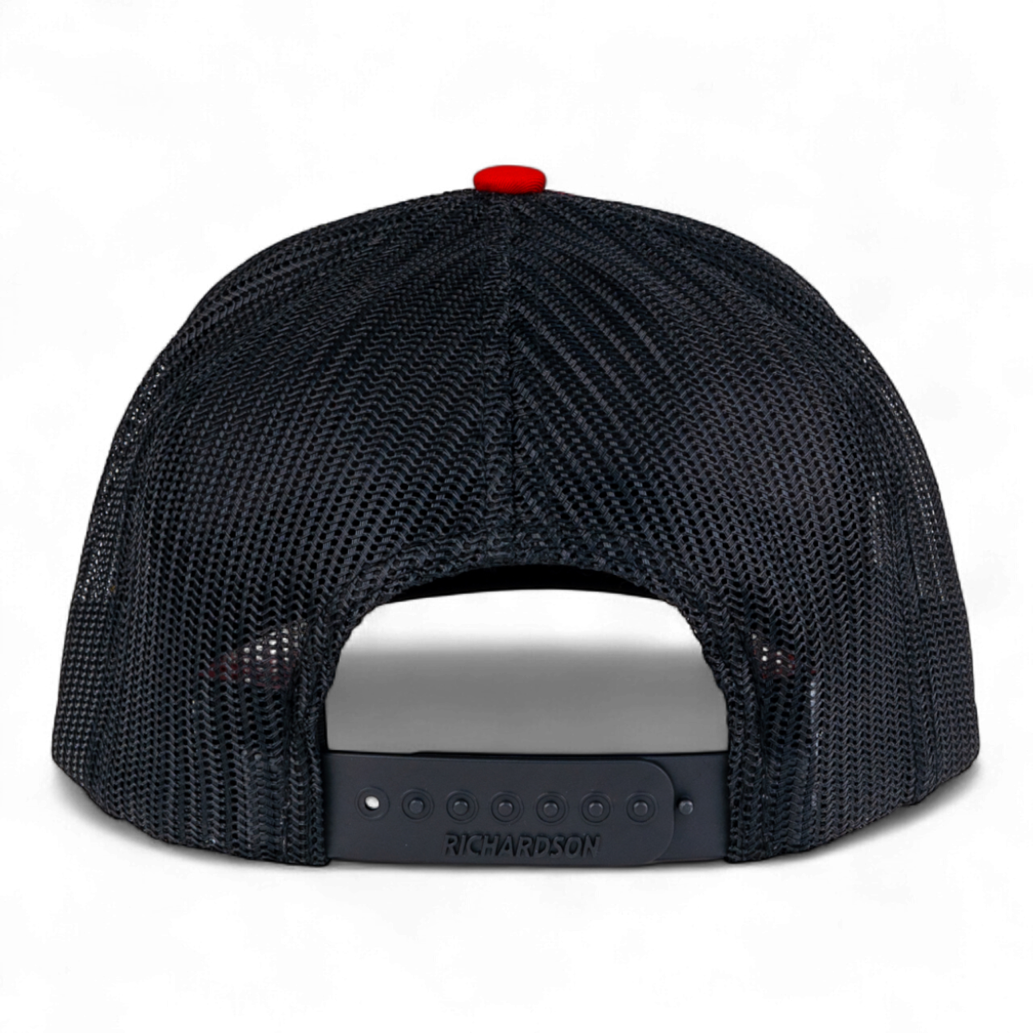 Black mesh cap with a red button on top against a white background