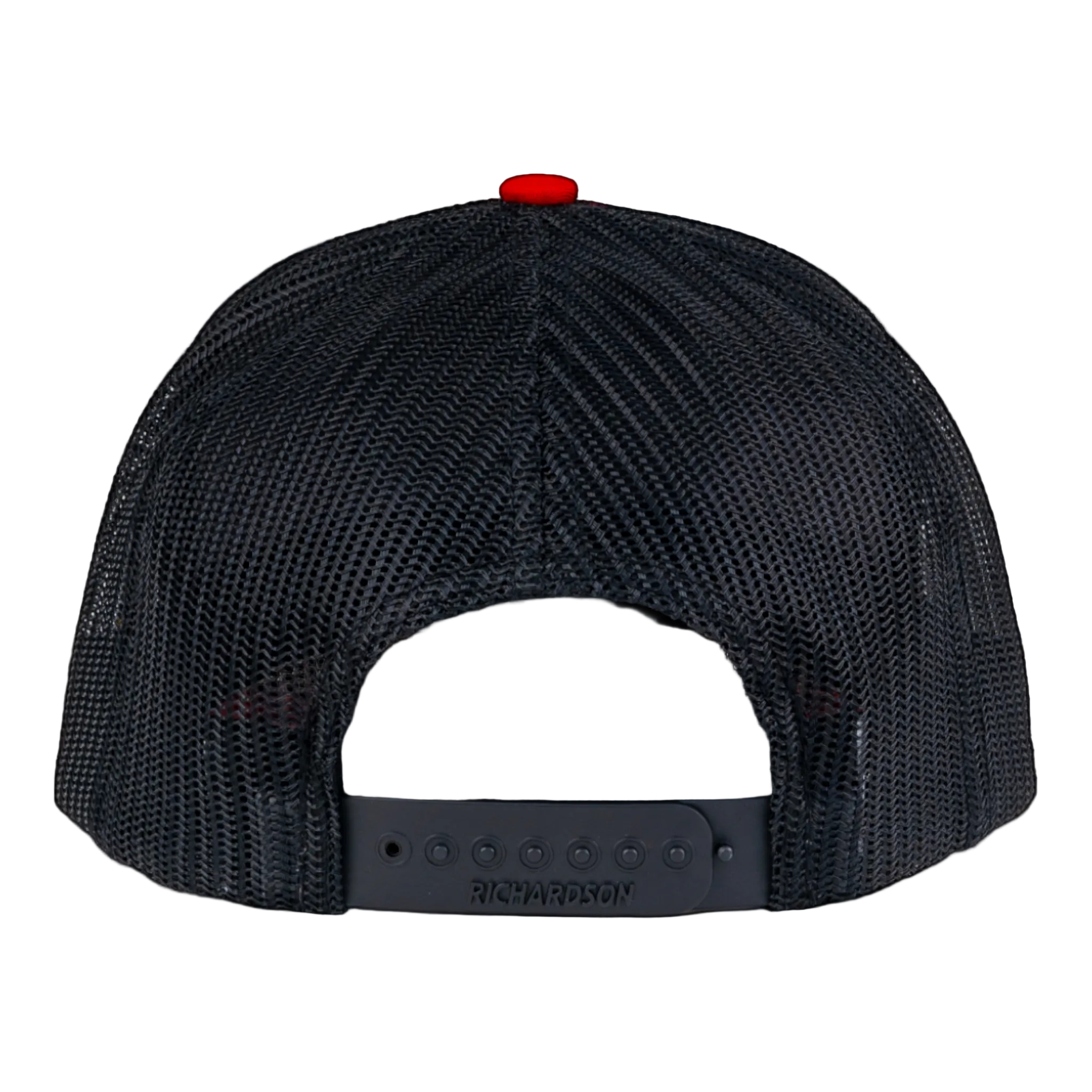 Black mesh cap with a red button on top against a transparent background
