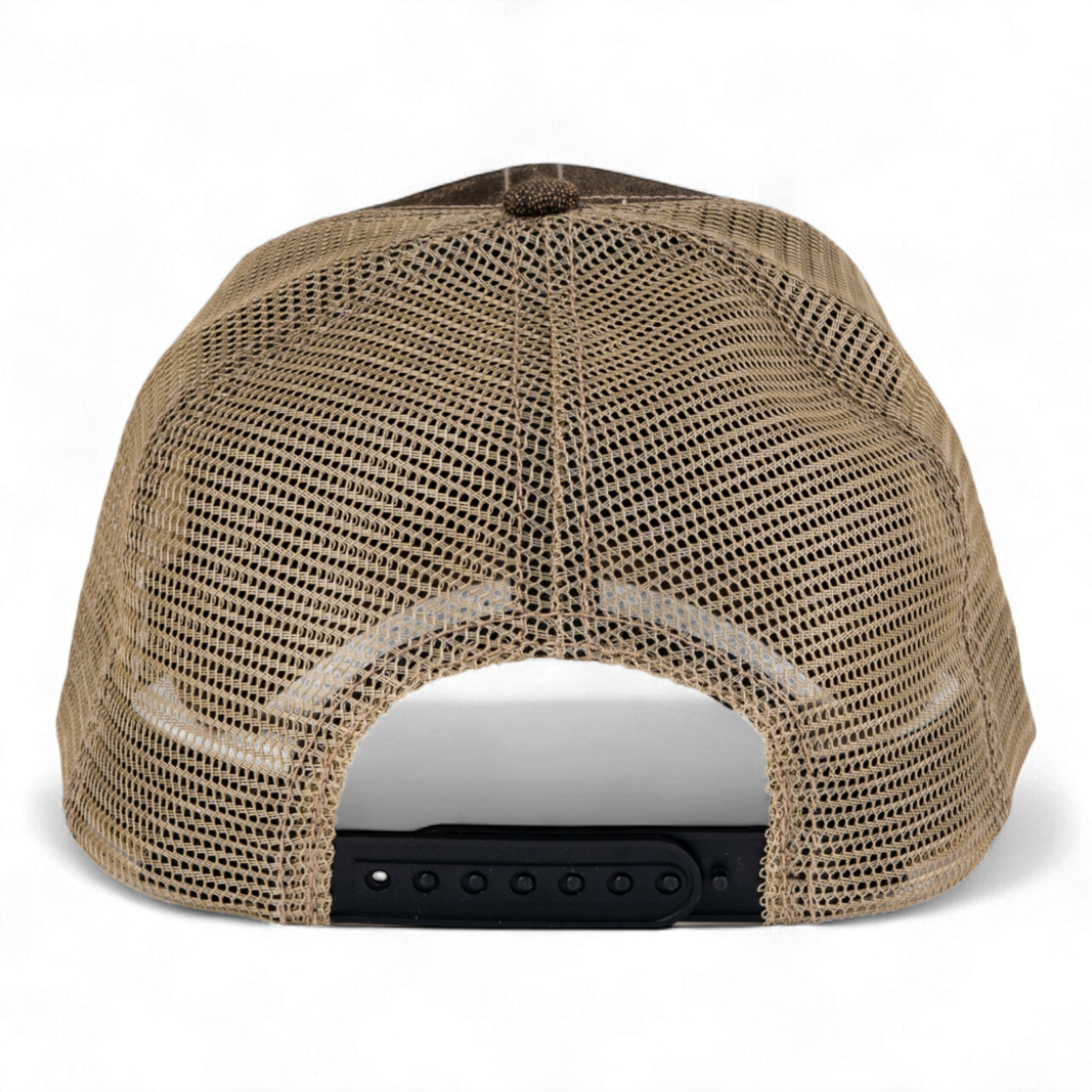 Beige mesh cap with a black bill on a white background
