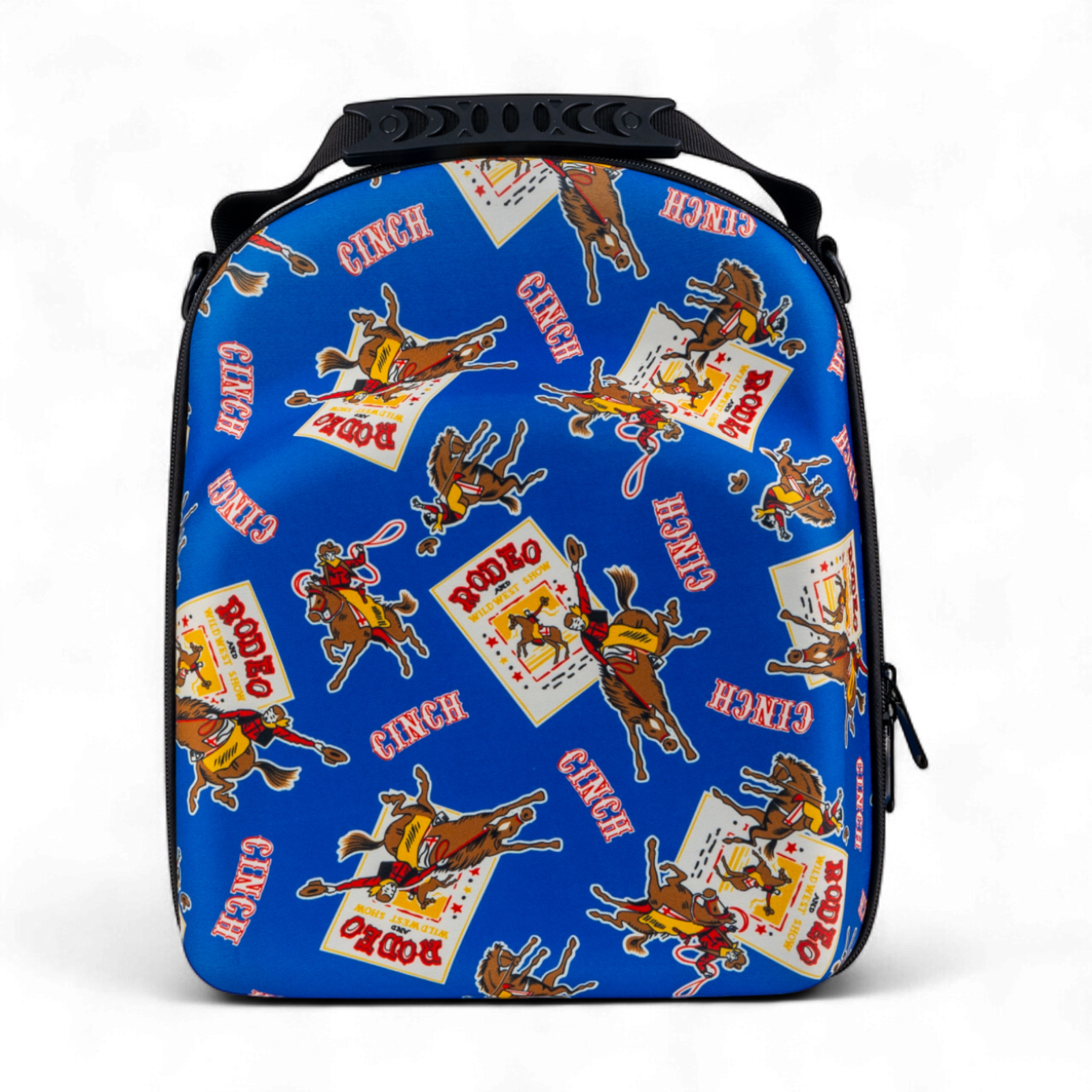 Blue bag with cowboy and bronco pattern on a white background