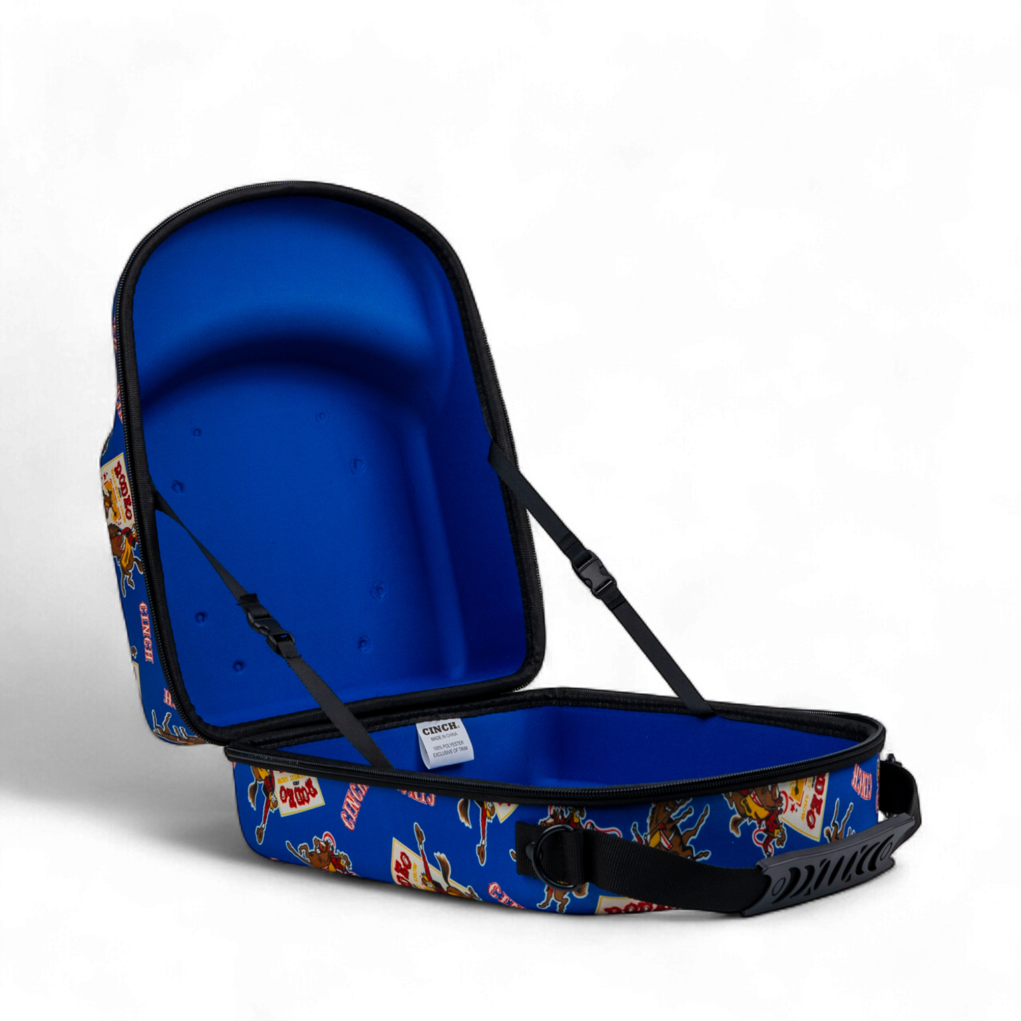 Blue baby seat with colorful pattern on a white background