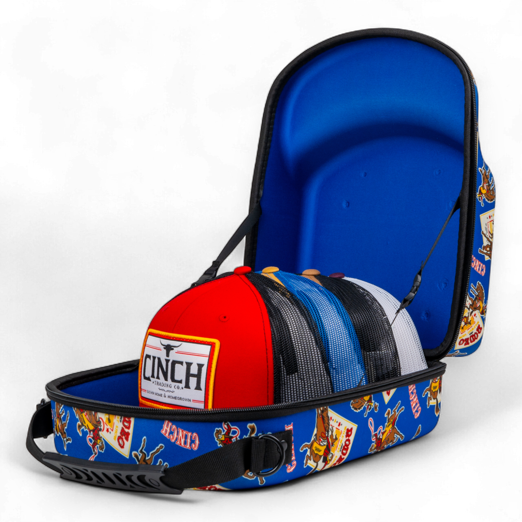Blue cap carrier with colorful designs holding various hats on a white background