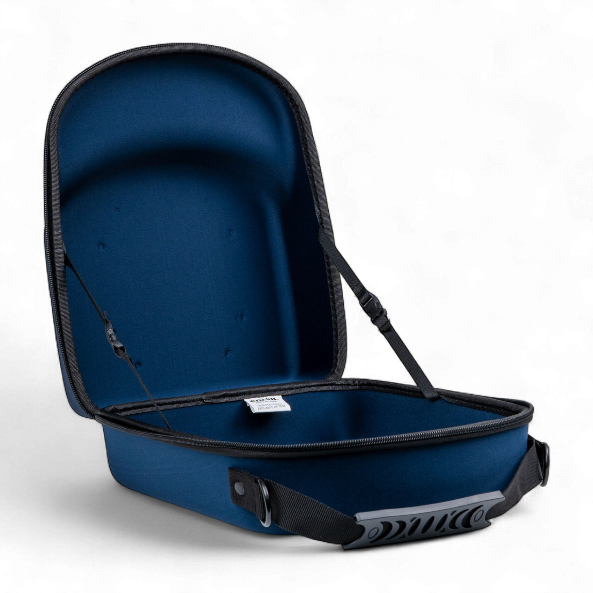 Blue suitcase with black straps on a white background