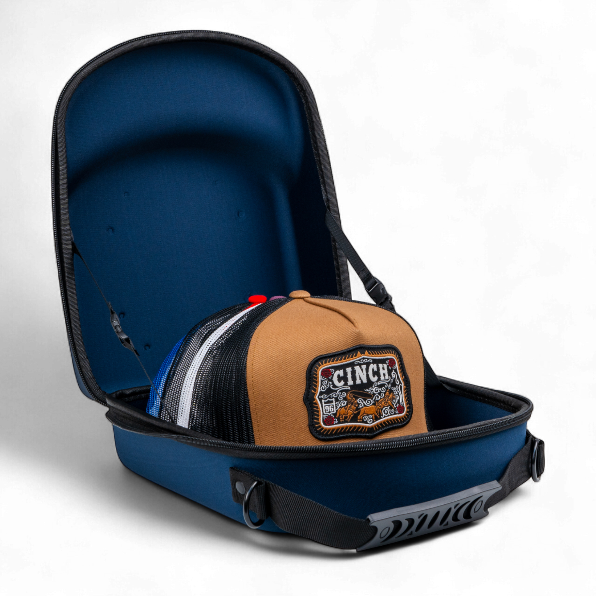 Blue backpack with a tan cap featuring a 'Cinch' logo on a white background