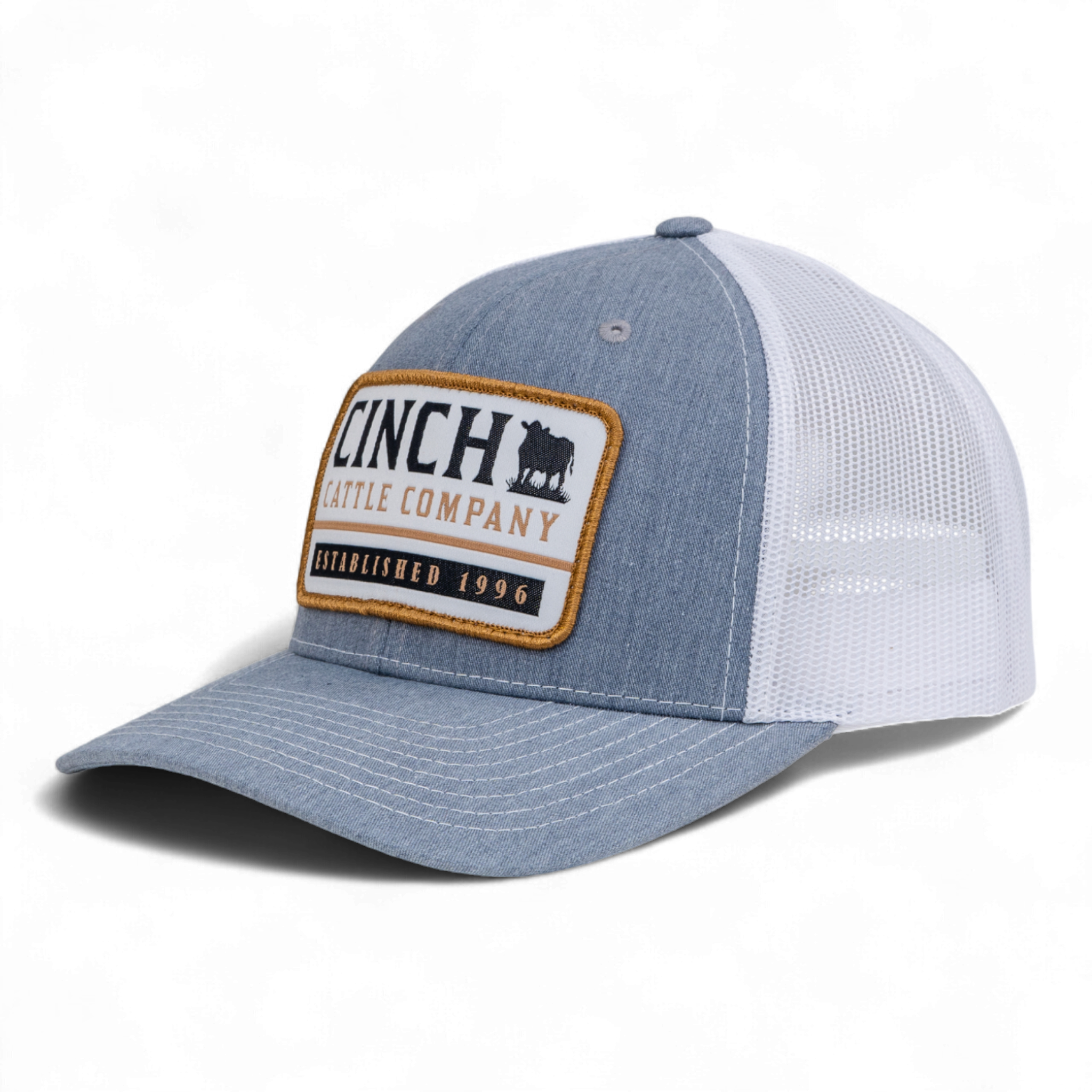 Blue and white cap with Cinch logo on a white background