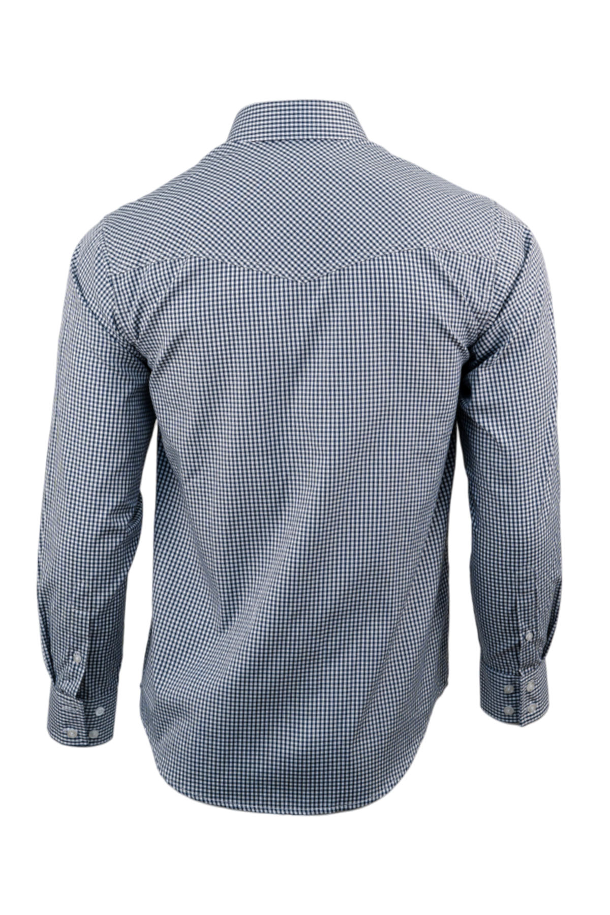 Back of a light blue patterned long sleeve button-down shirt on a transparent background