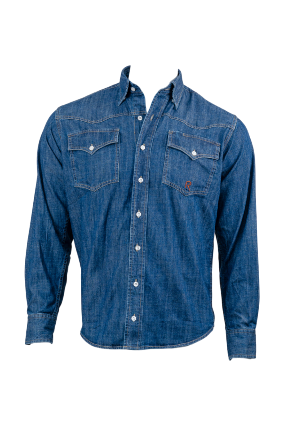 Denim dress shirt on a white background