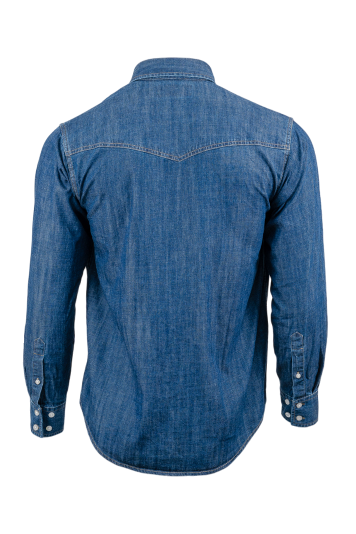 Back view of a denim dress shirt on a white background