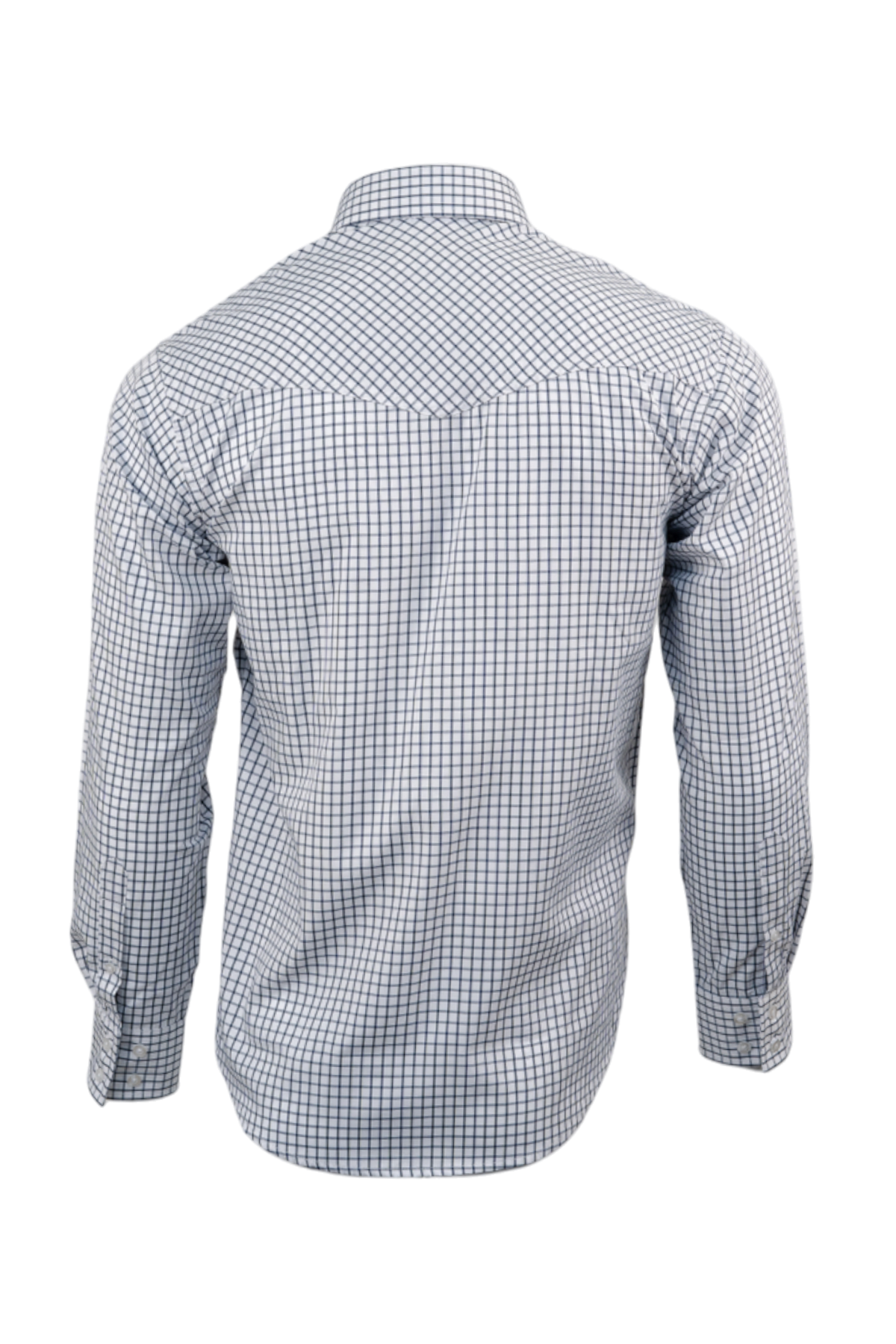 Back of a light blue patterned long sleeve button-down shirt on a transparent background