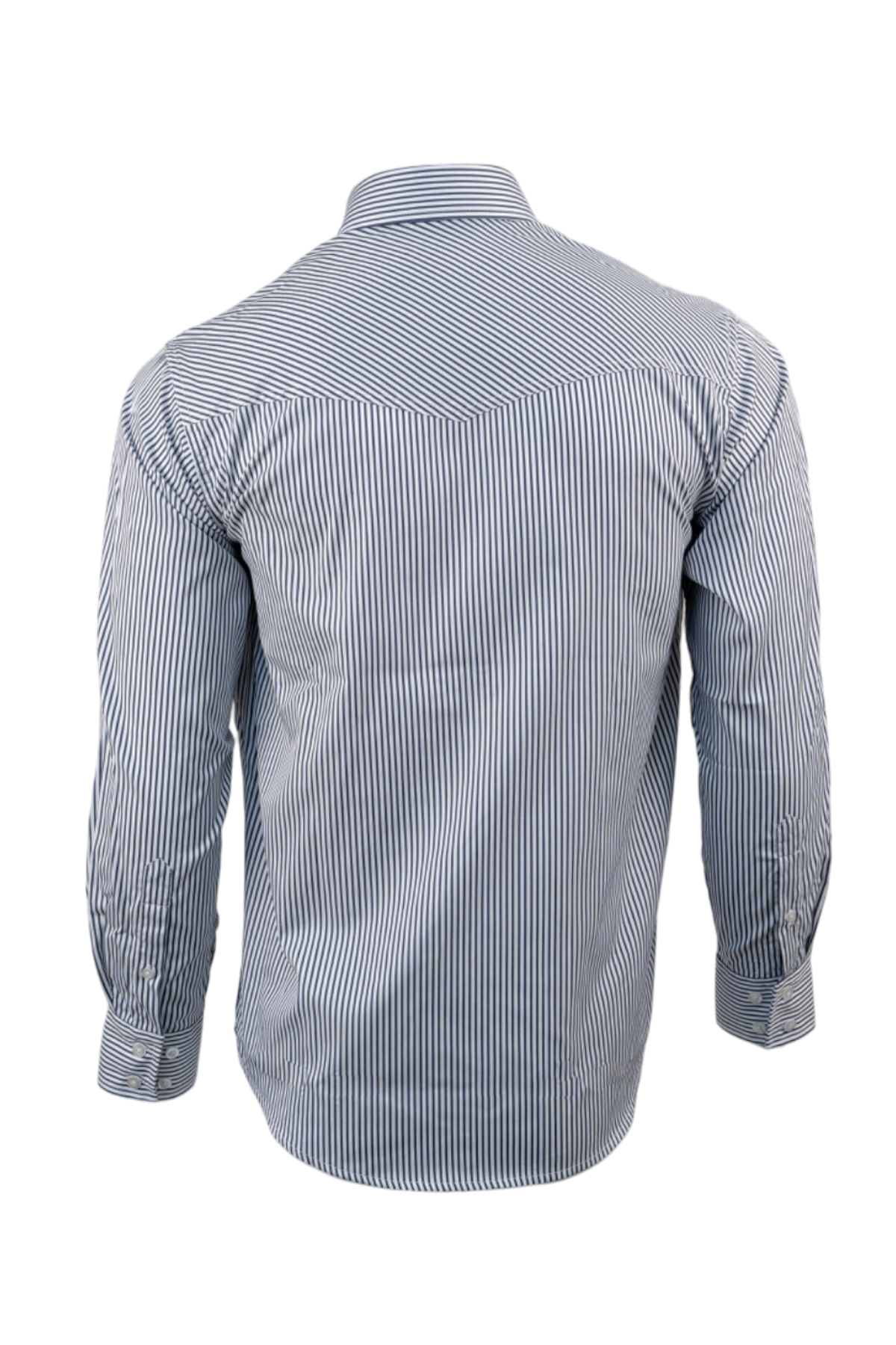 Back view of a light blue dress shirt on a white background