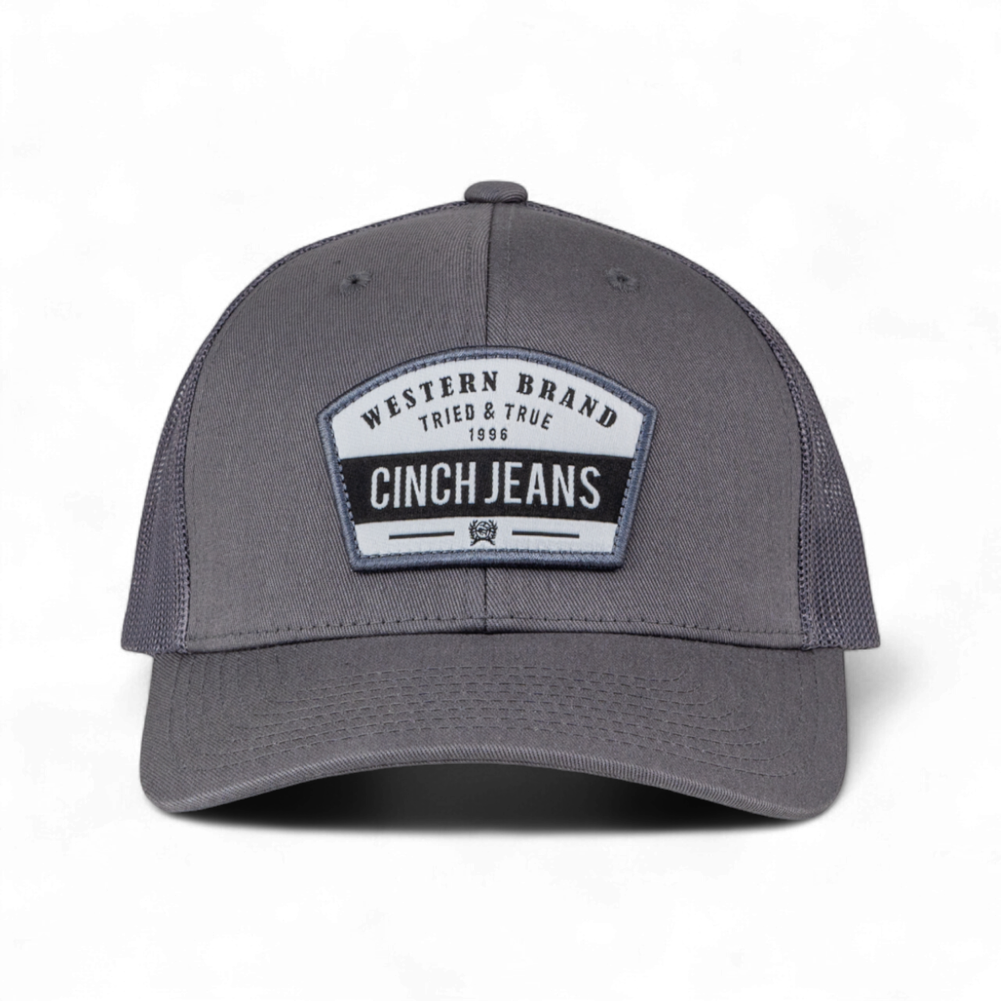 Gray cap with Cinch Jeans logo on a white background