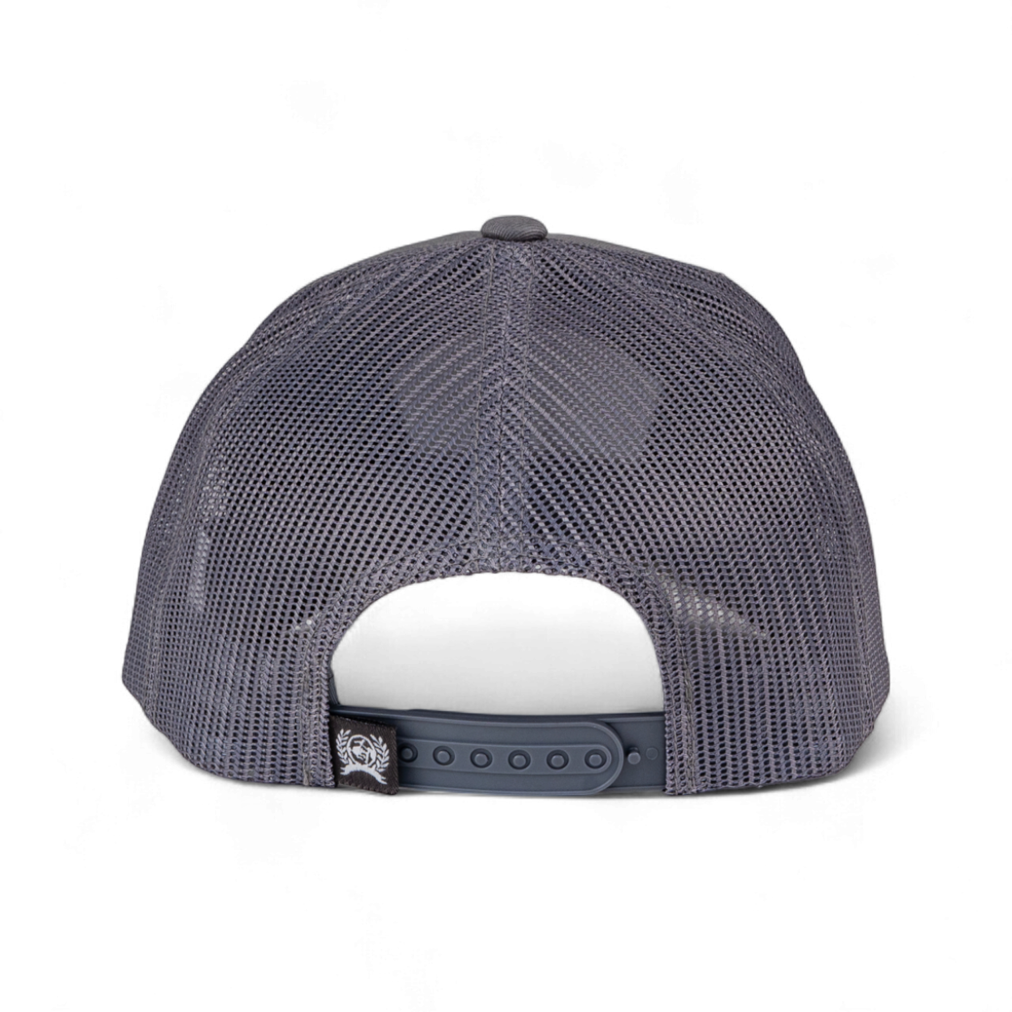 Back view of a gray mesh cap with a white patch on a white background
