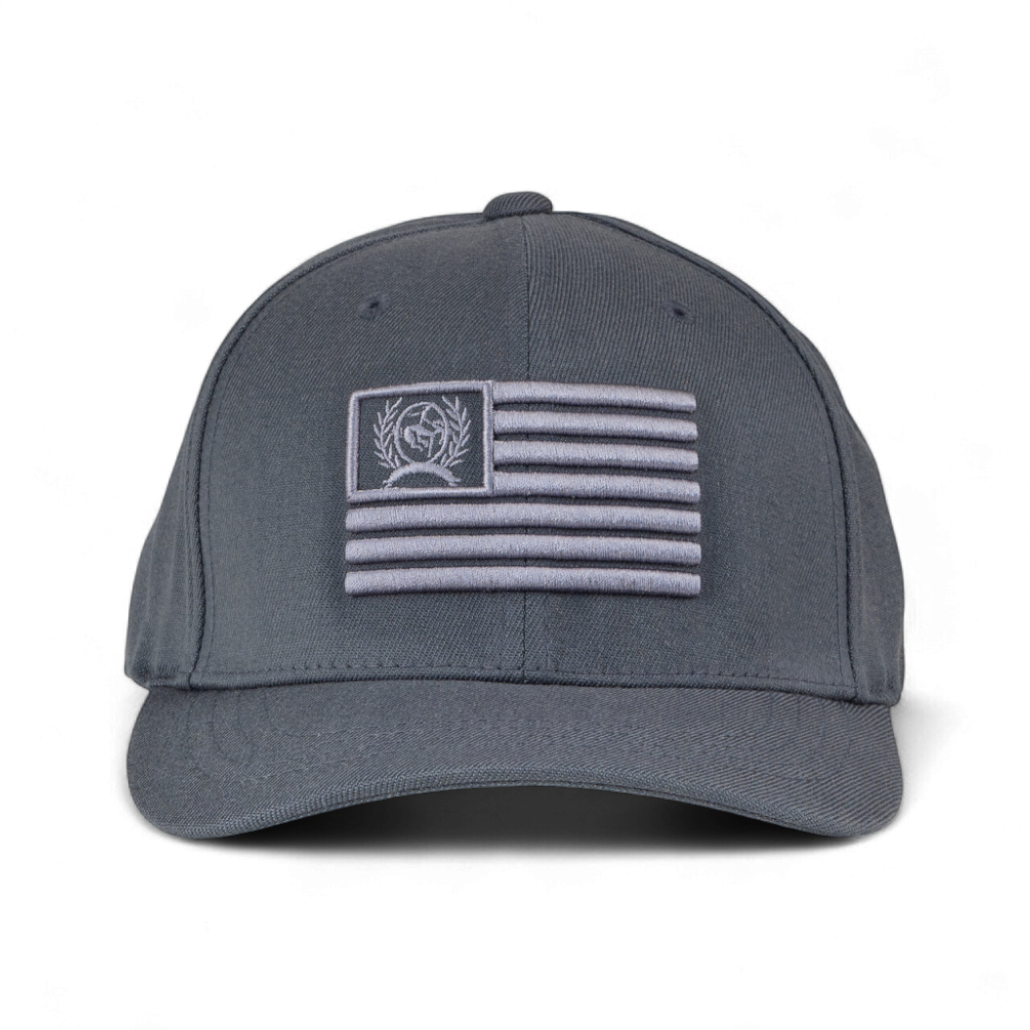 Gray cap with an American flag patch on a white background