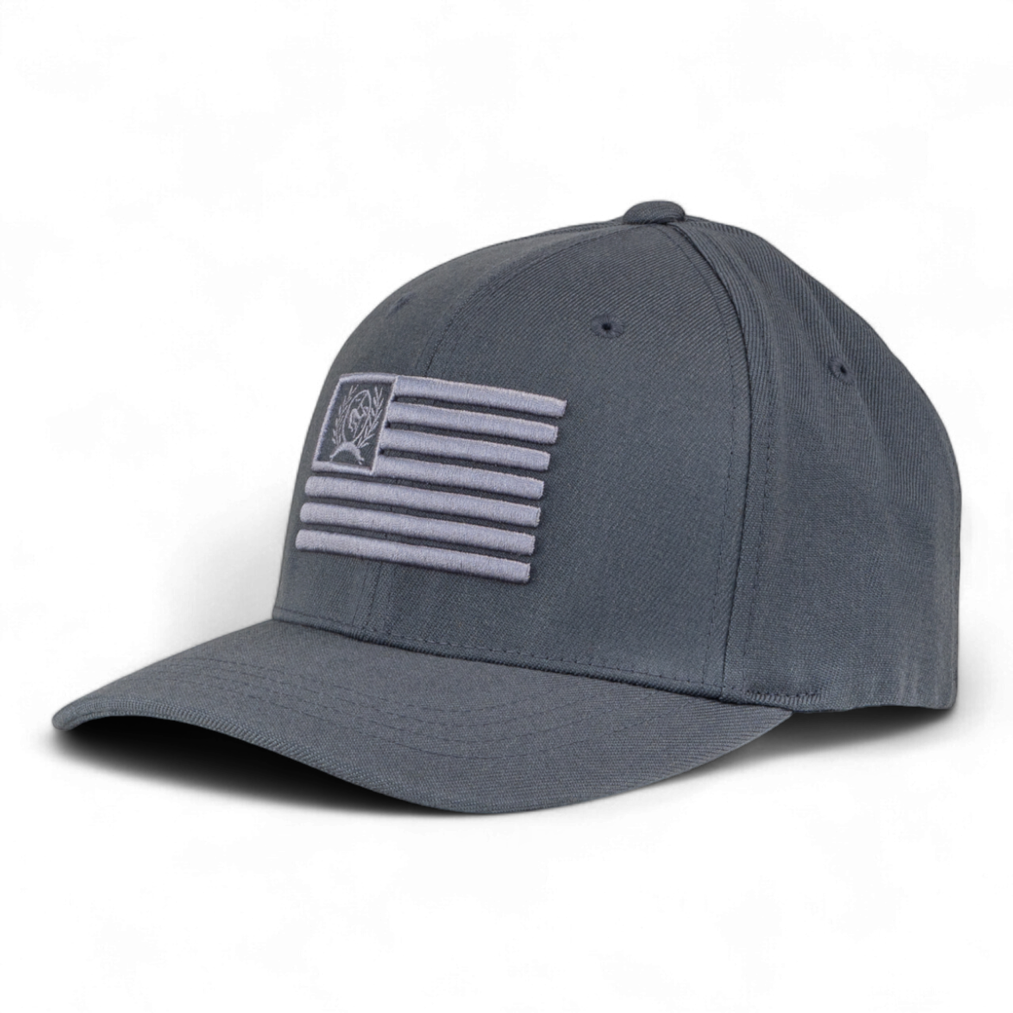 Gray cap with an American flag patch on a white background