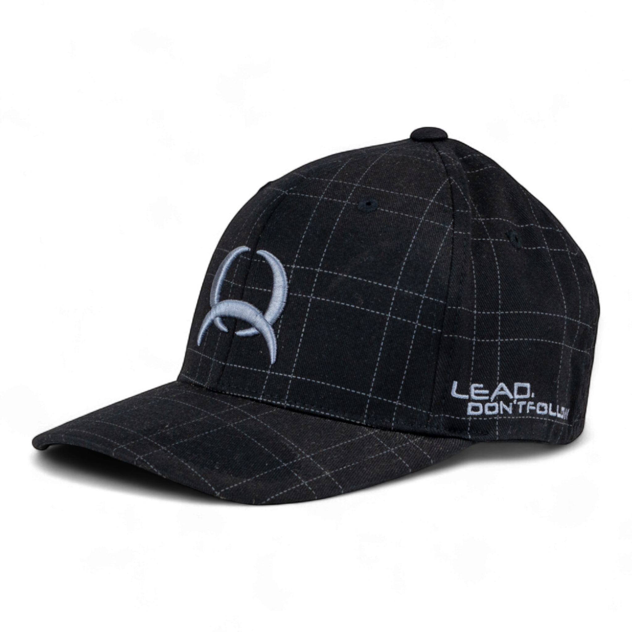 Black checkered cap with logo and text on a white background