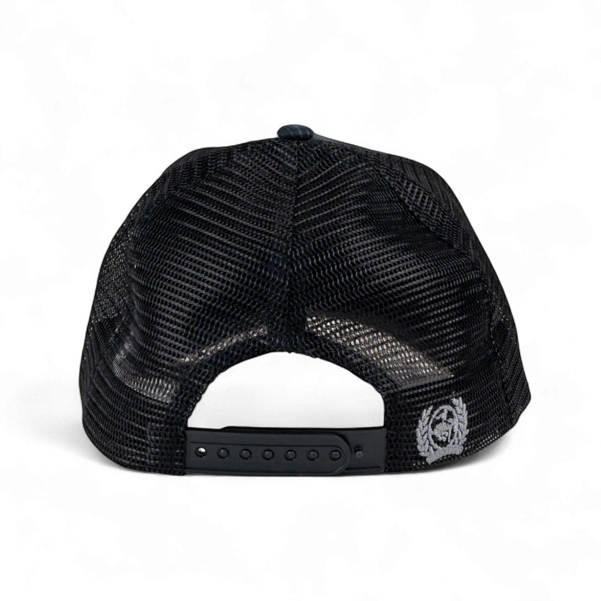 Black mesh cap with a logo on the back against a white background