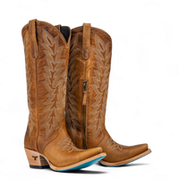 Pair of brown cowboy boots with intricate designs on a white background