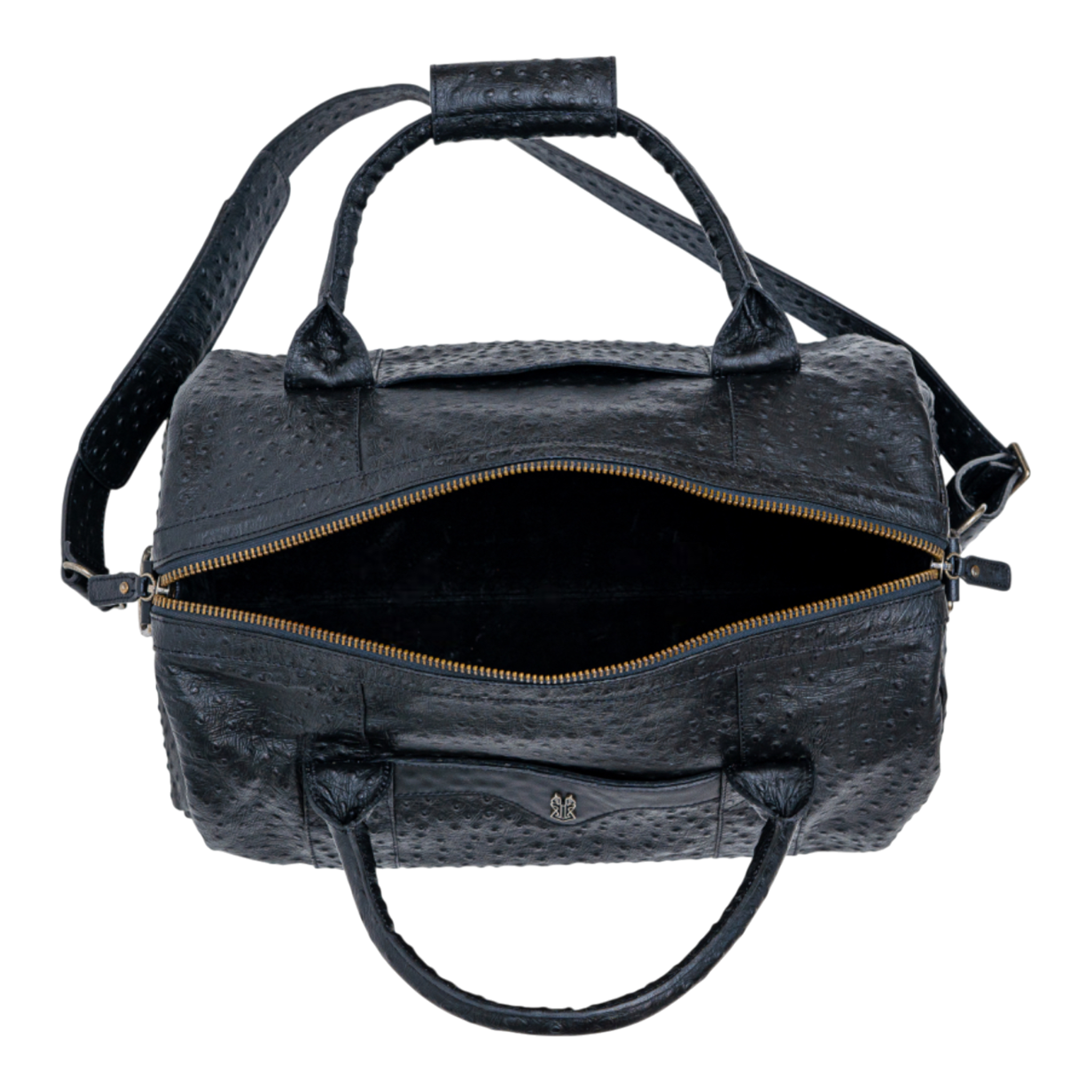 Black textured duffel bag with open front compartment on a white background