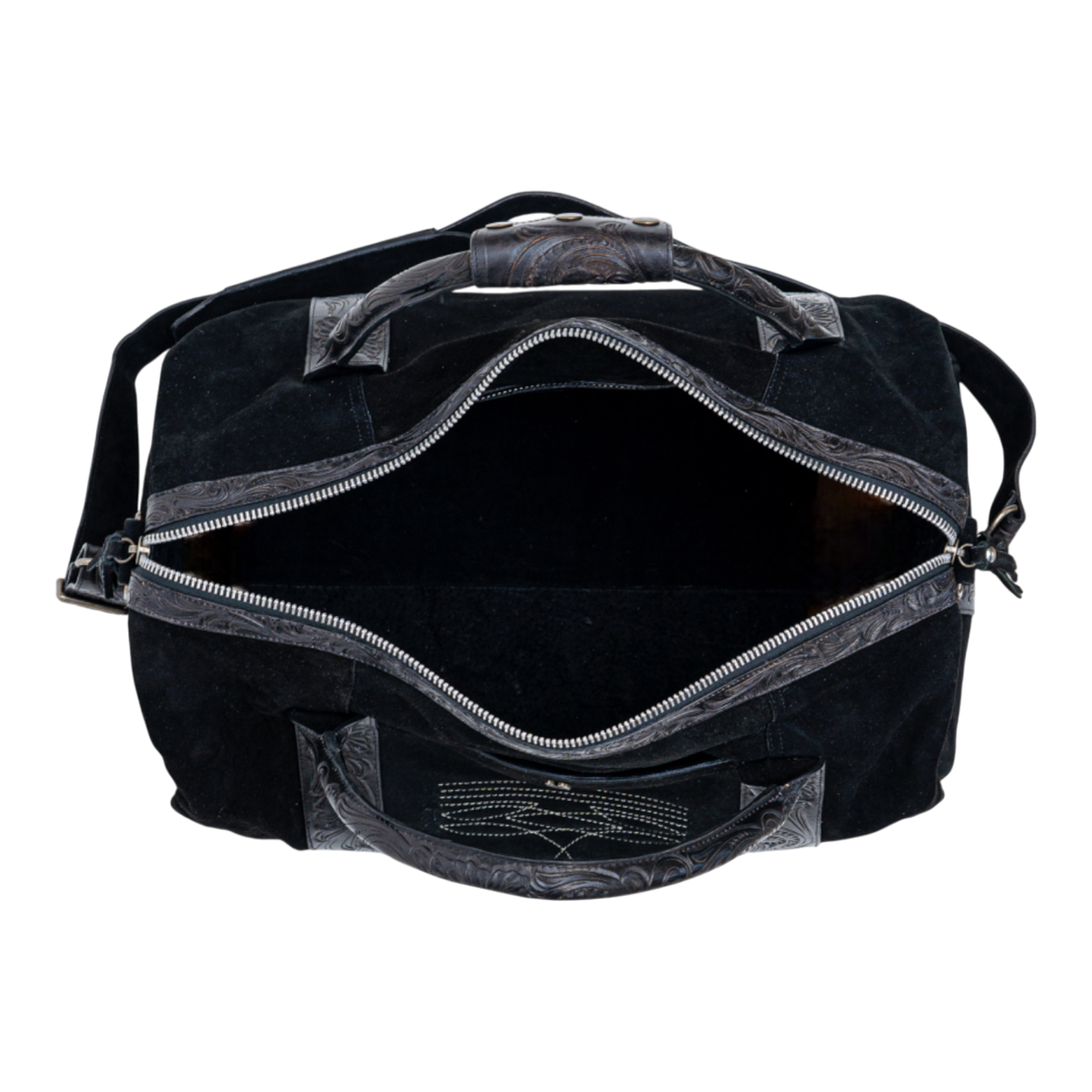 Black duffel bag with open zipper on a white background