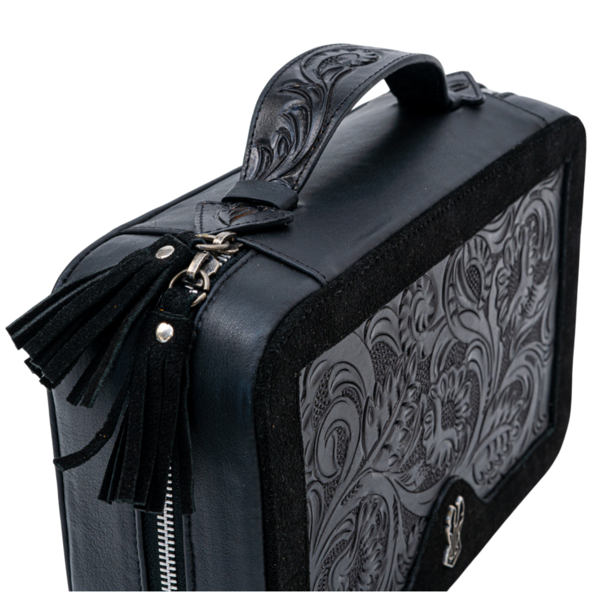Black leather briefcase with paisley pattern on a white background
