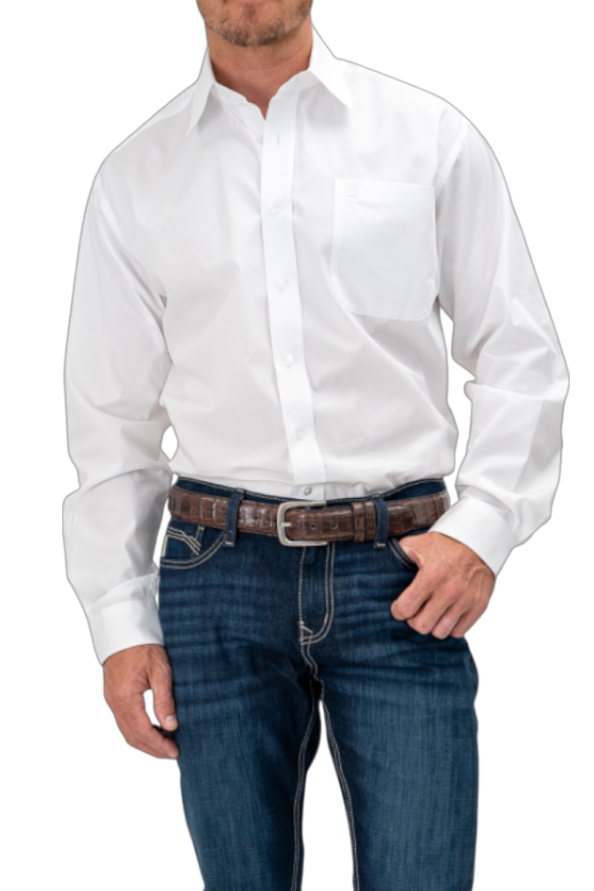 Man wearing a white dress shirt and blue jeans on a white background