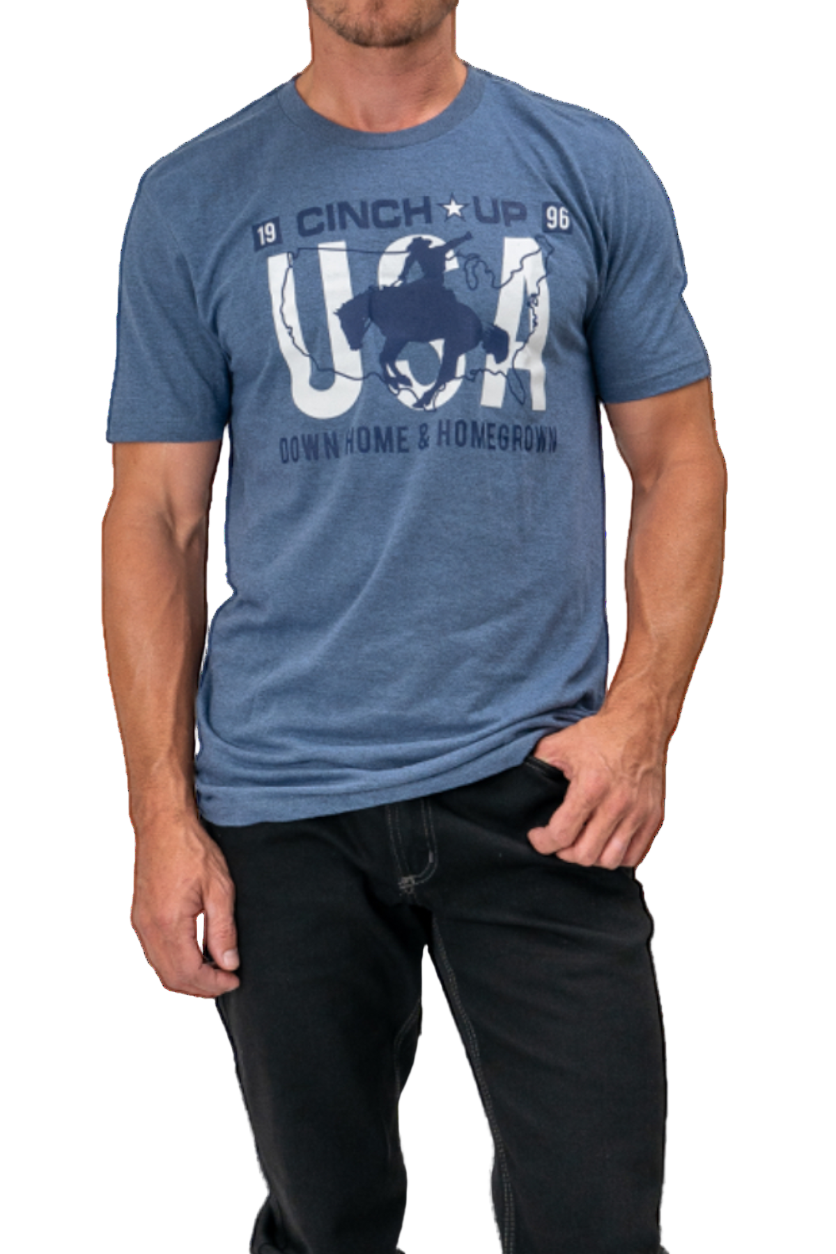 Man wearing a blue t-shirt with a graphic design on a white background
