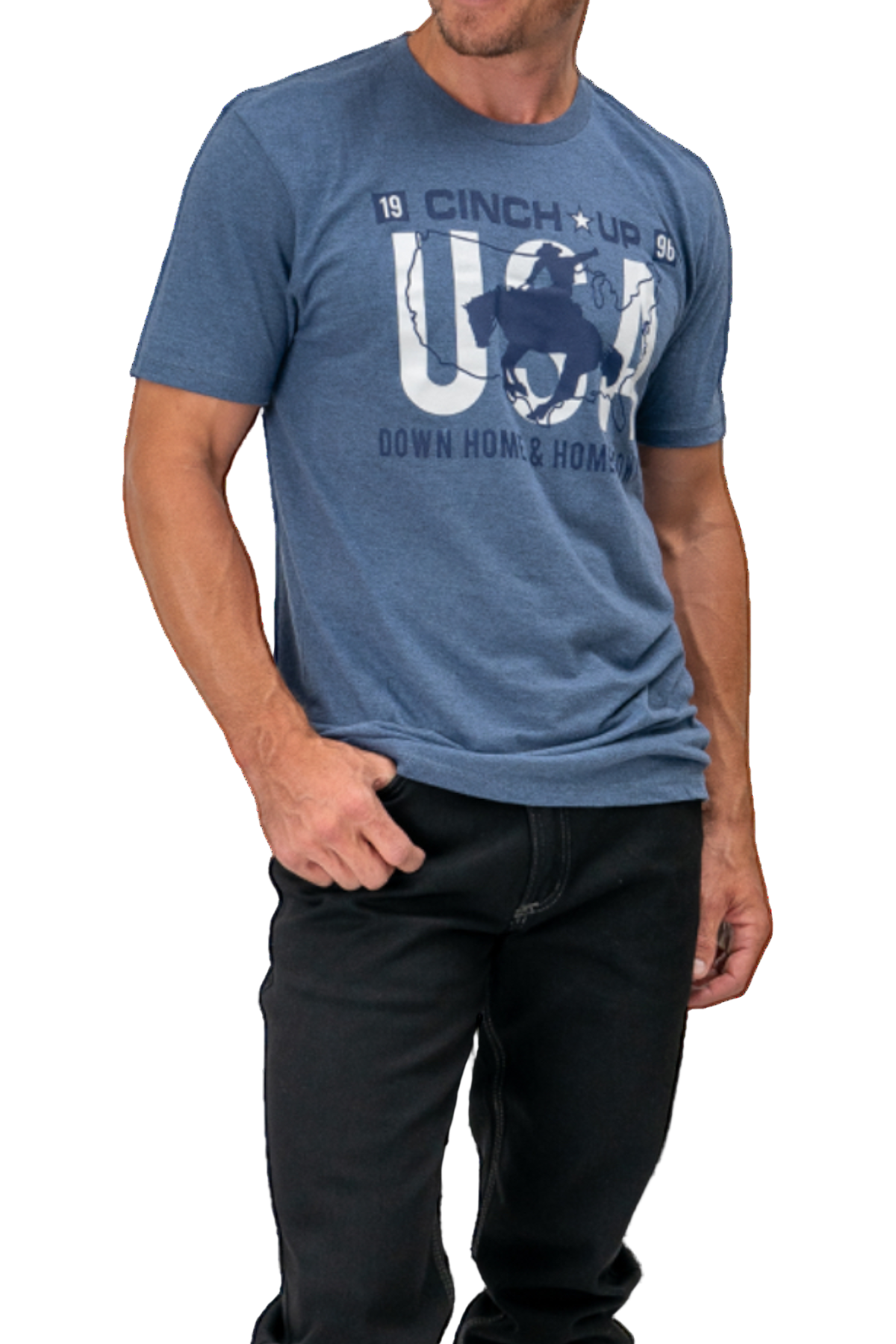 Person wearing a blue t-shirt with graphic design on a white background