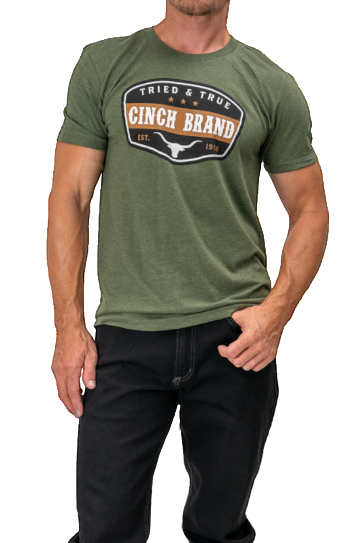 Person wearing a green t-shirt with 'Ginch Brand' logo on a white background