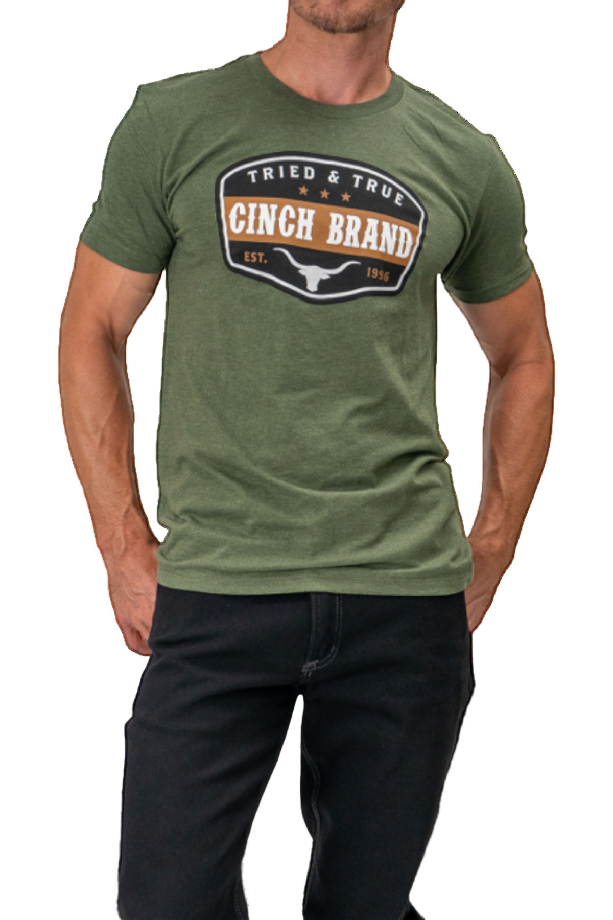 Person wearing a green Cinch Brand t-shirt on a white background