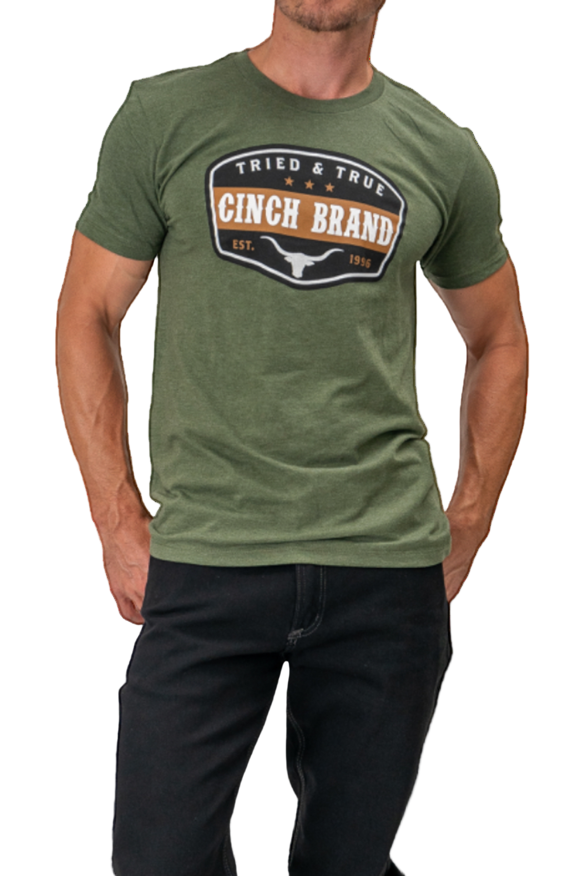 Person wearing a green Cinch Brand t-shirt on a white background