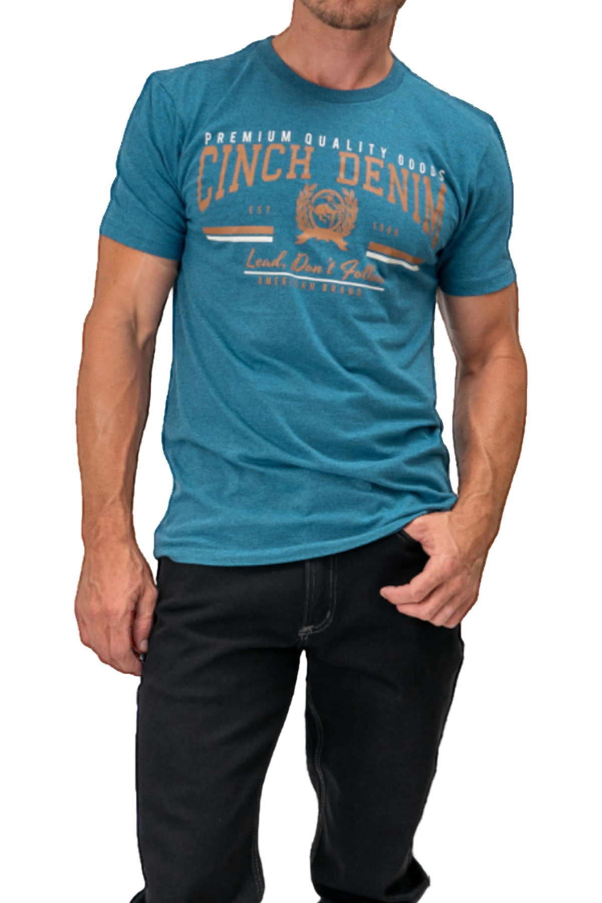 Man wearing a blue t-shirt with 'Cinch Denim' branding on a white background