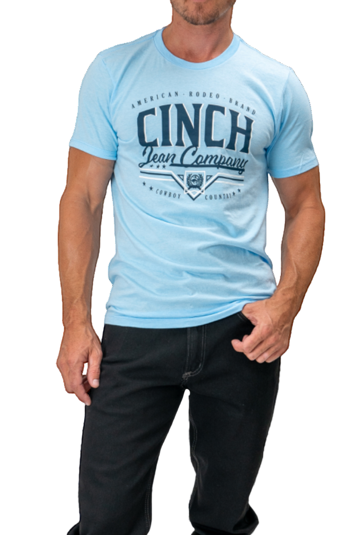 Man wearing a light blue t-shirt with 'Cinch' branding on a white background