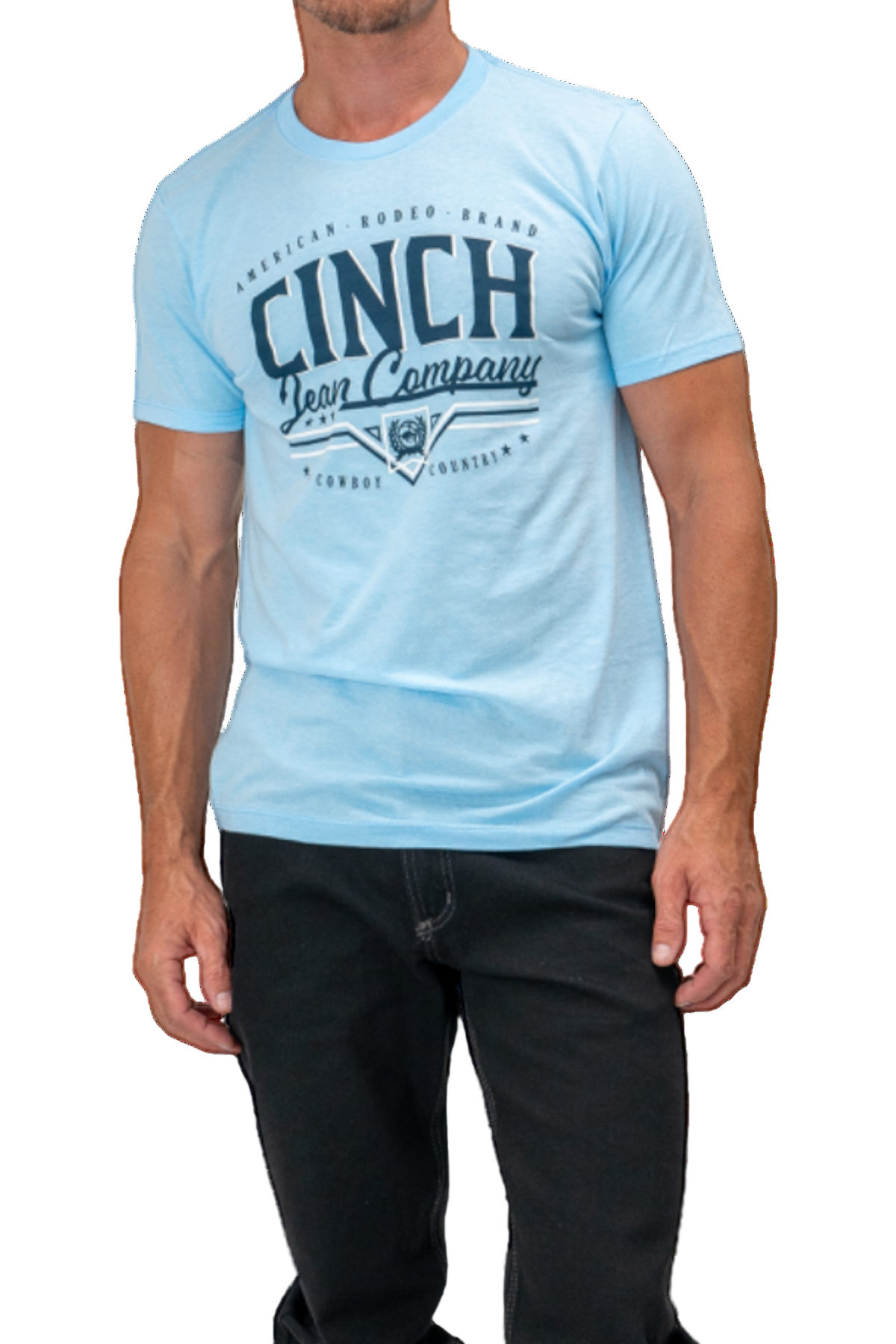 Man wearing a light blue t-shirt with 'Cinch' branding on a white background