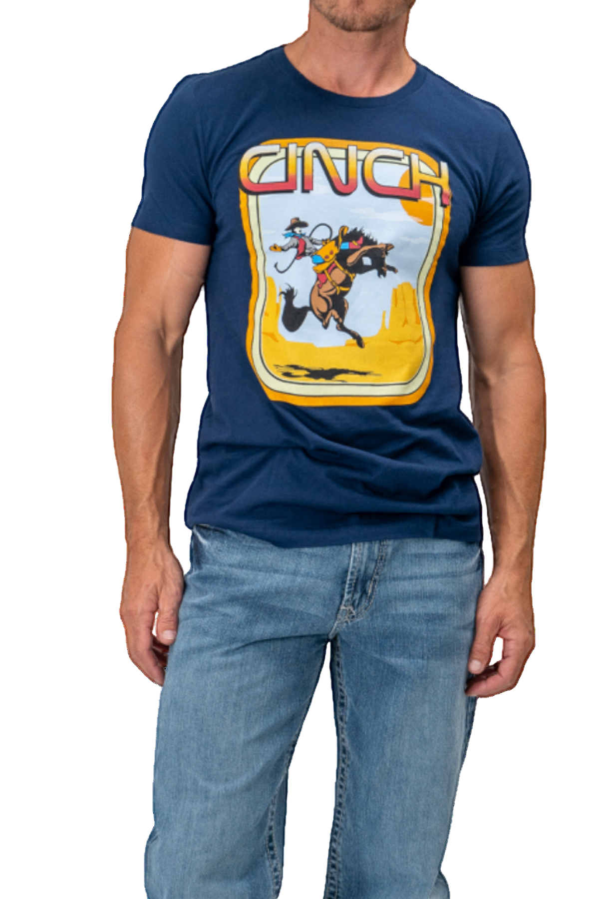 Man wearing a navy blue t-shirt with a graphic design on a white background