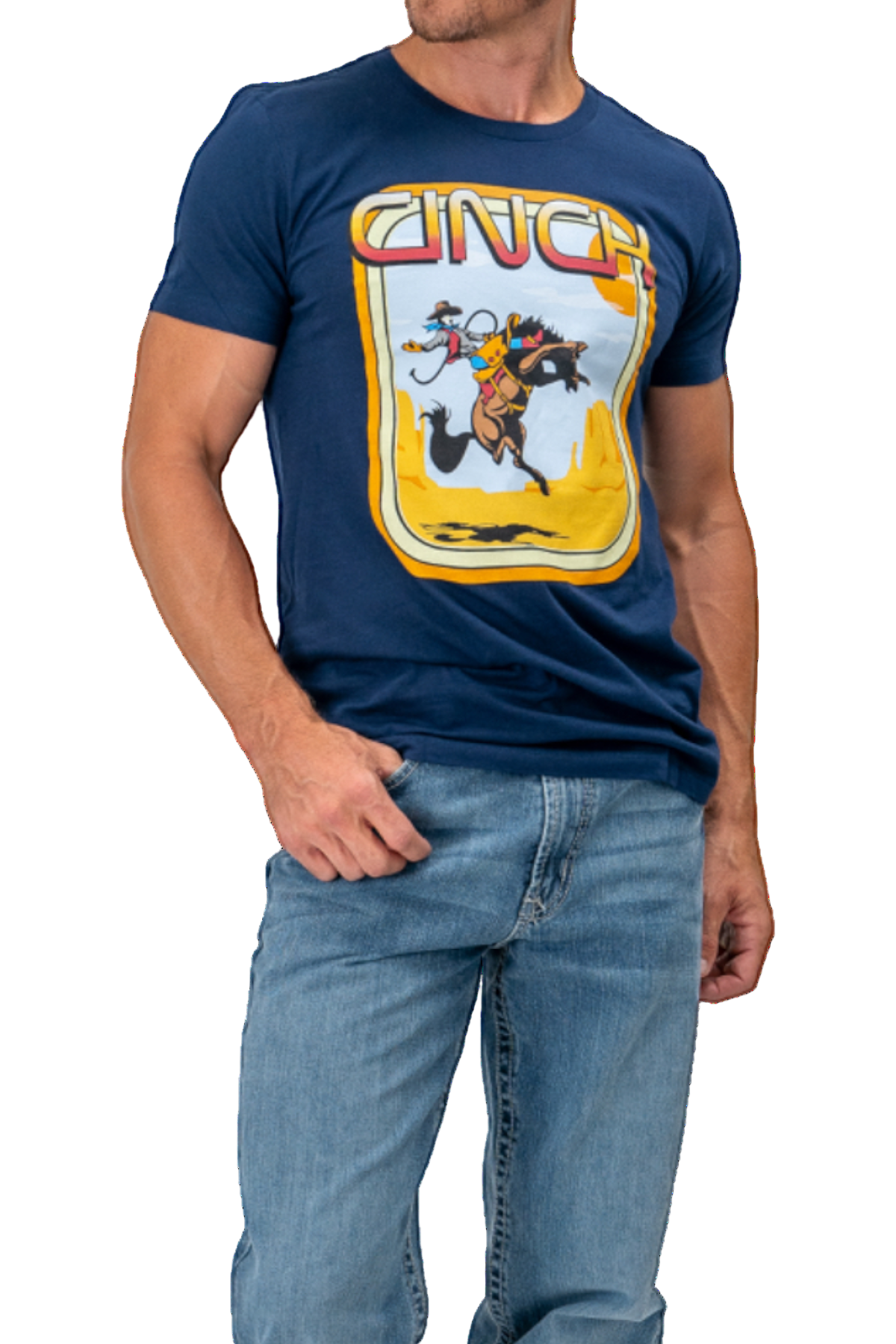 Man wearing a navy blue t-shirt with a colorful graphic design on a white background