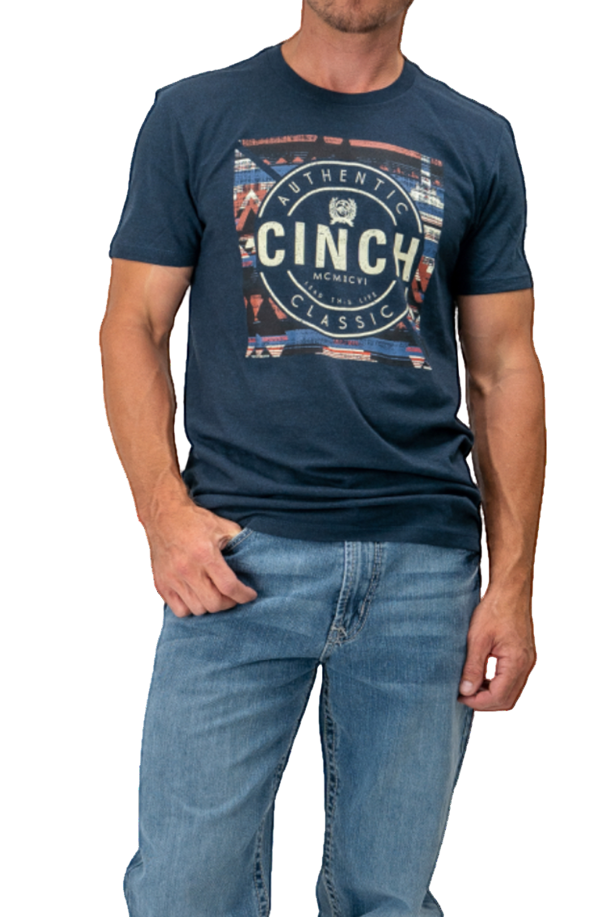 Person wearing a navy blue t-shirt with 'Cinch' branding on a white background