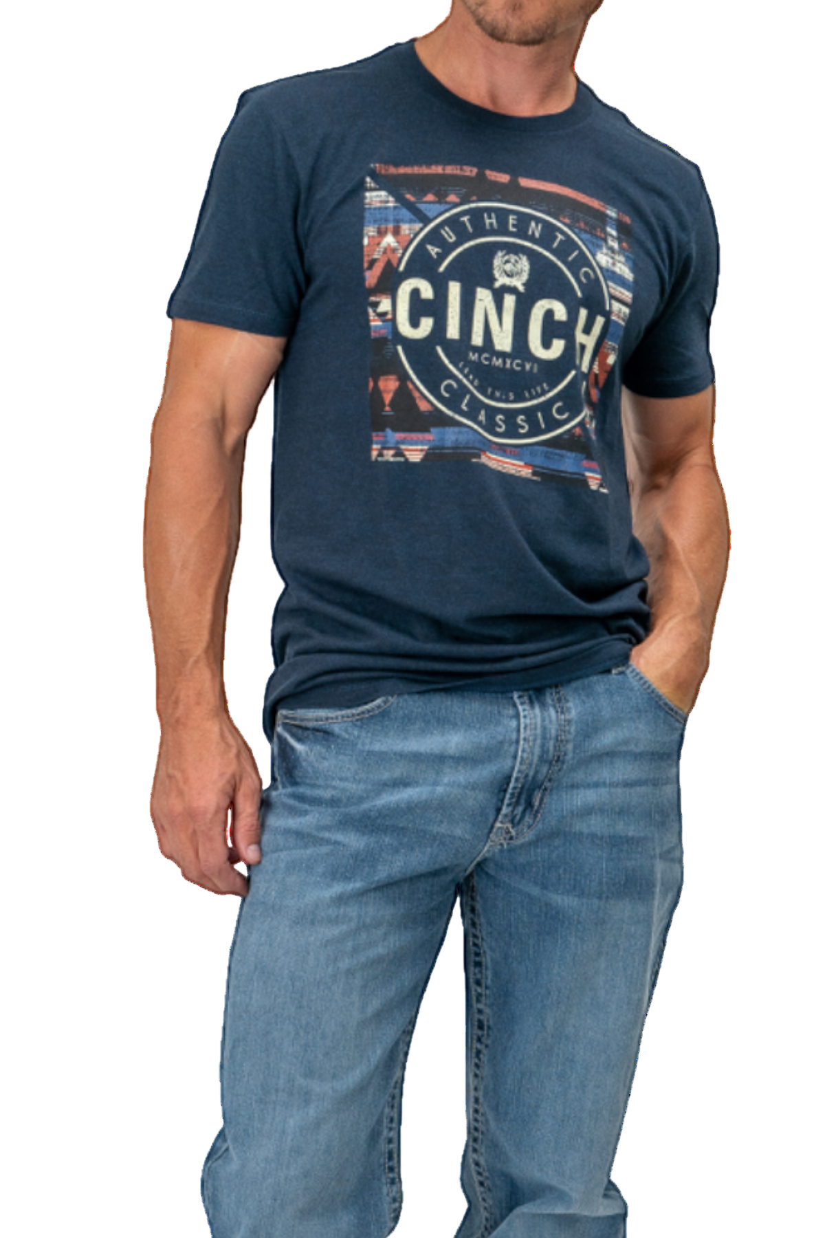 Man wearing a navy blue t-shirt with 'Cinch' logo and jeans on a white background