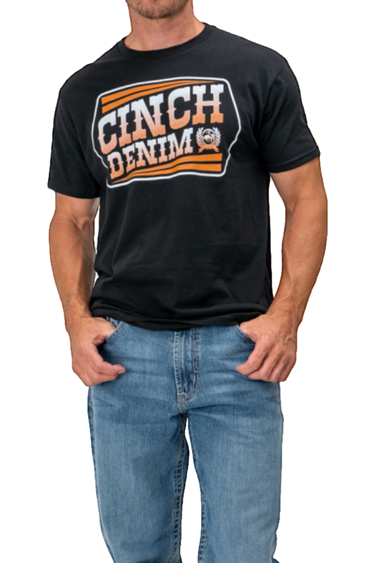 Man wearing a black t-shirt with 'Cinch Denim' logo and blue jeans on a white background