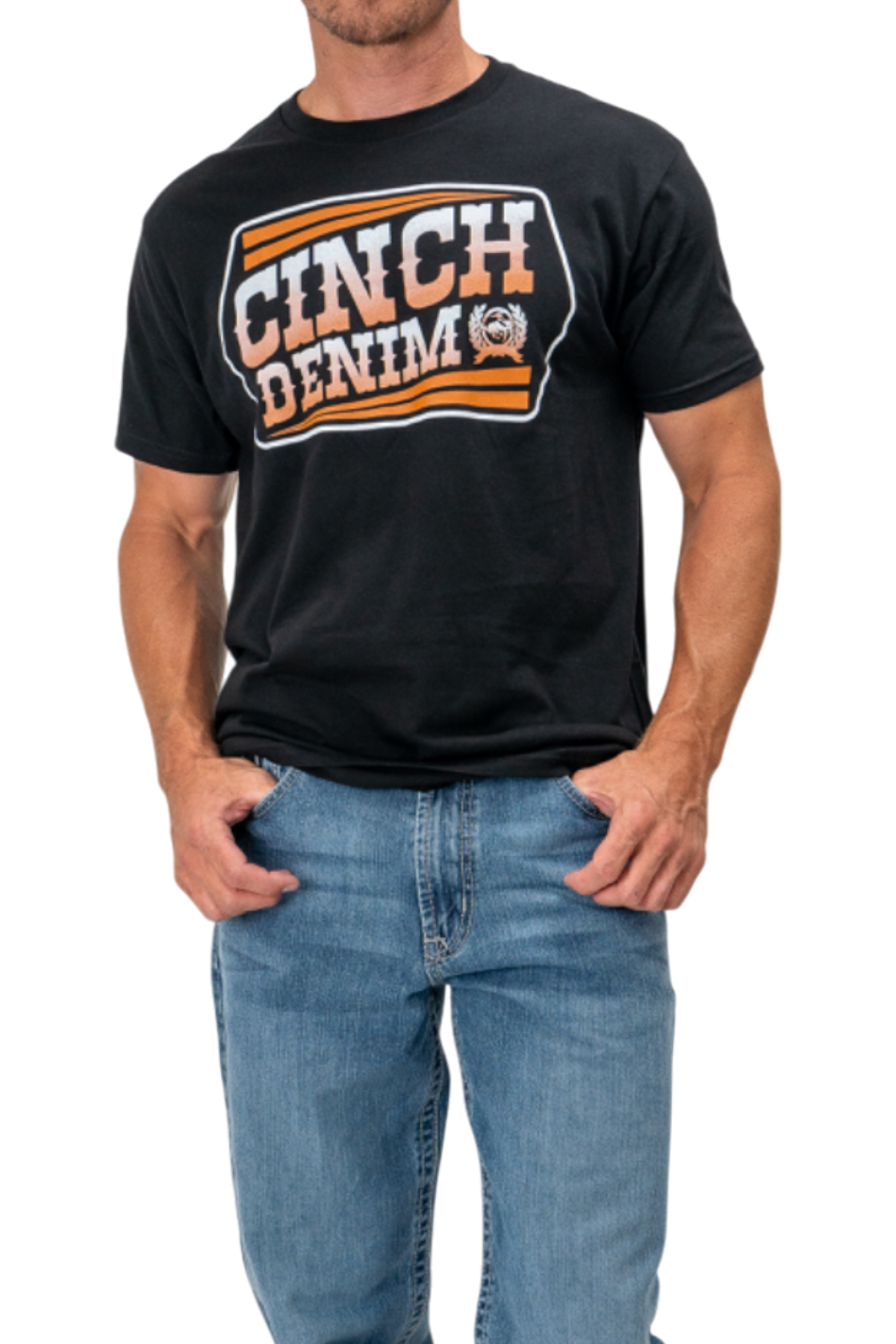 Man wearing a black t-shirt with a large 'Cinch' graphic on the front and blue jeans on a white background