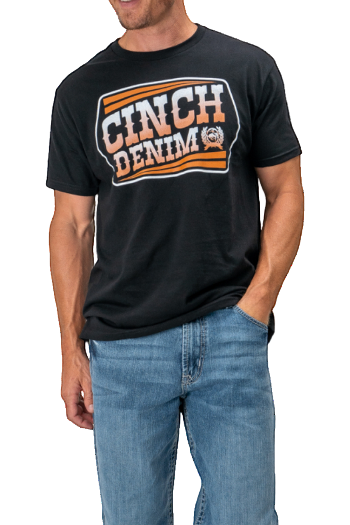 Person wearing a black t-shirt with 'Cinch Denim' logo on a white background