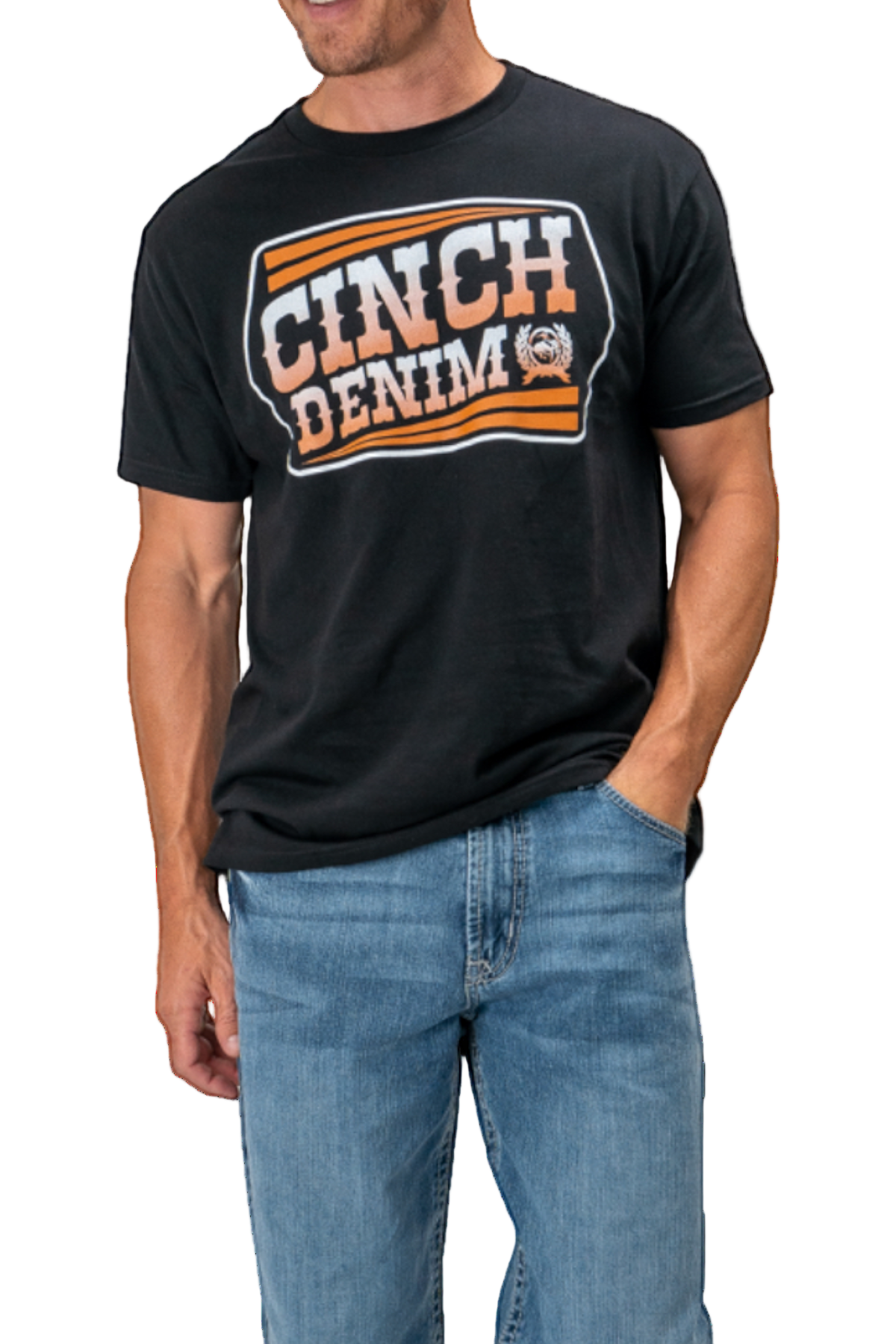 Person wearing a black t-shirt with 'Cinch Denim' logo on a white background