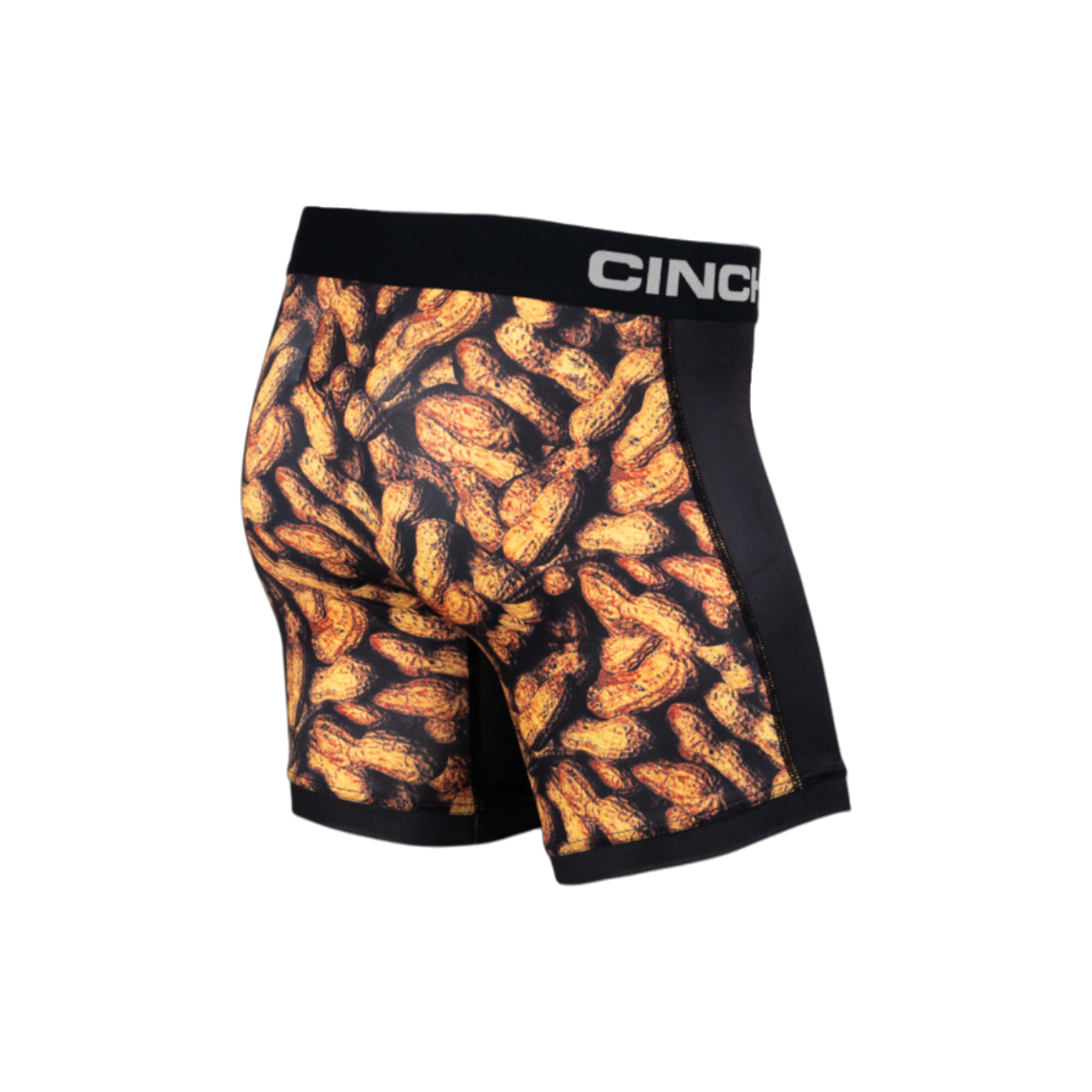 Back/side view of men's Cinch underwear with a black waistband, featuring an all-over 'peanuts' pattern on the back, and a picture of a squirrel on a black background on the front