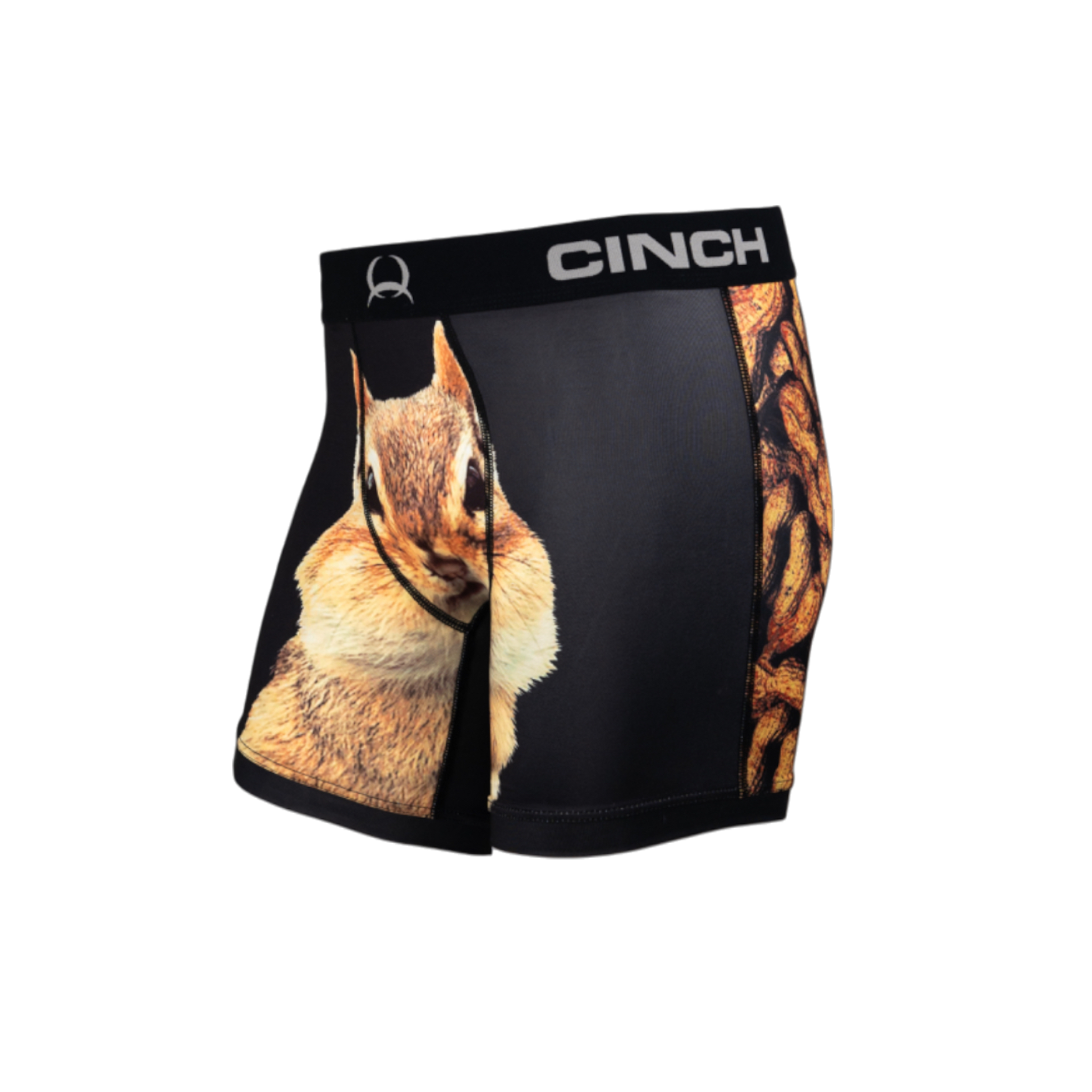 Front/side view of men's Cinch underwear with a black waistband, featuring an all-over 'peanuts' pattern on the back, and a picture of a squirrel on a black background on the front