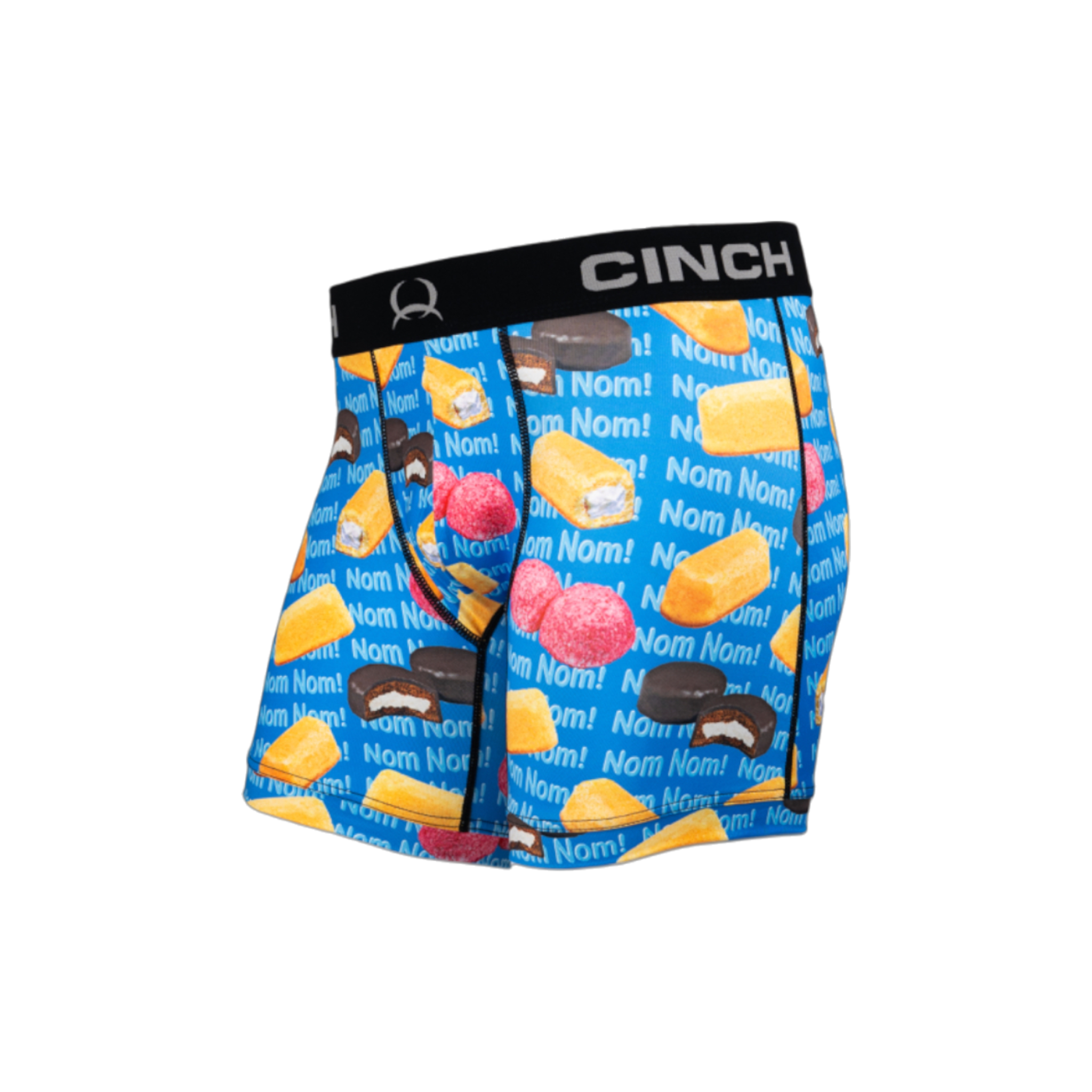 Side view of men's Cinch underwear with a black waistband, featuring an all-over 'sweet treat' pattern with the words "Nom Nom!" repeated in the background